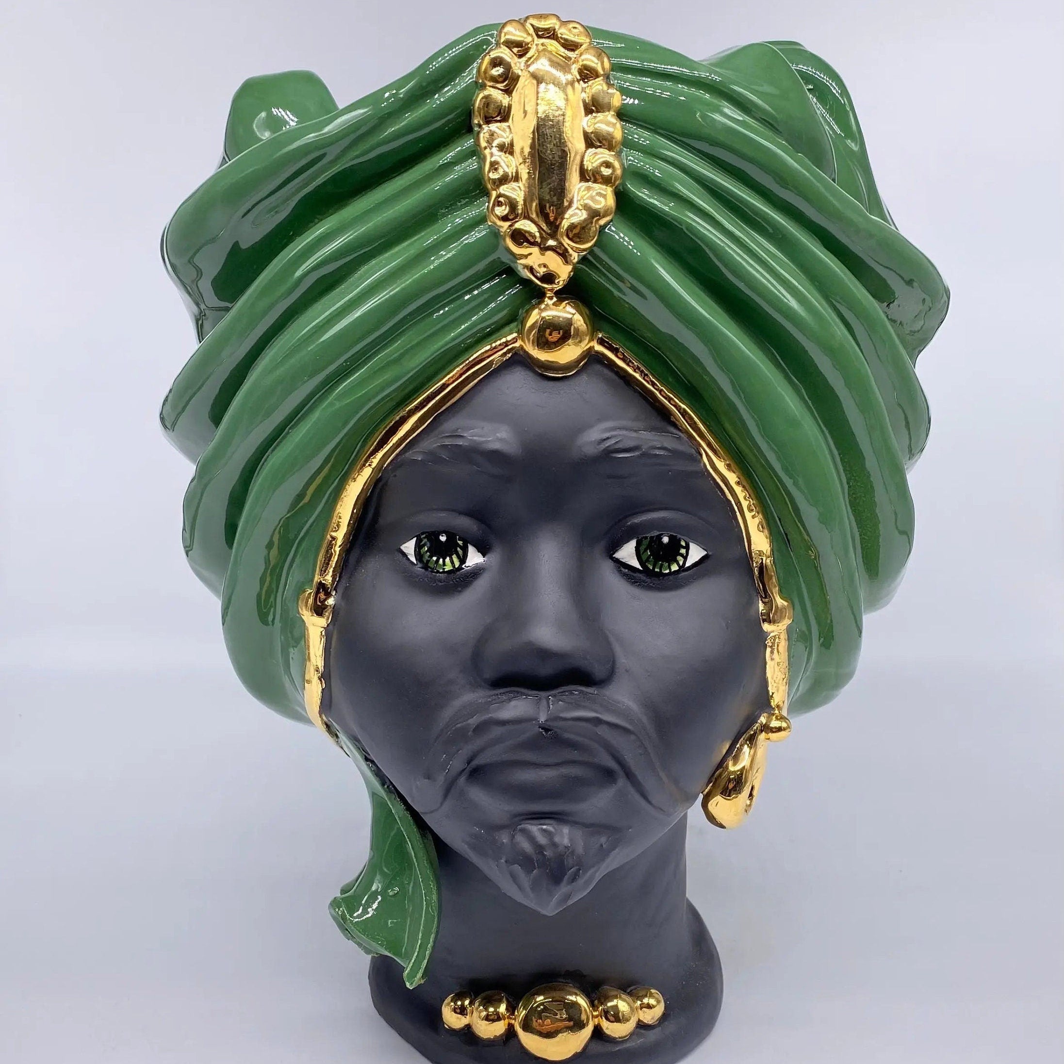 Teste di Moro Atena Ceramica Caltagirone cm H.30 L.23 Artigianale Verde Nero Oro DD CERAMICHE SICILIANE