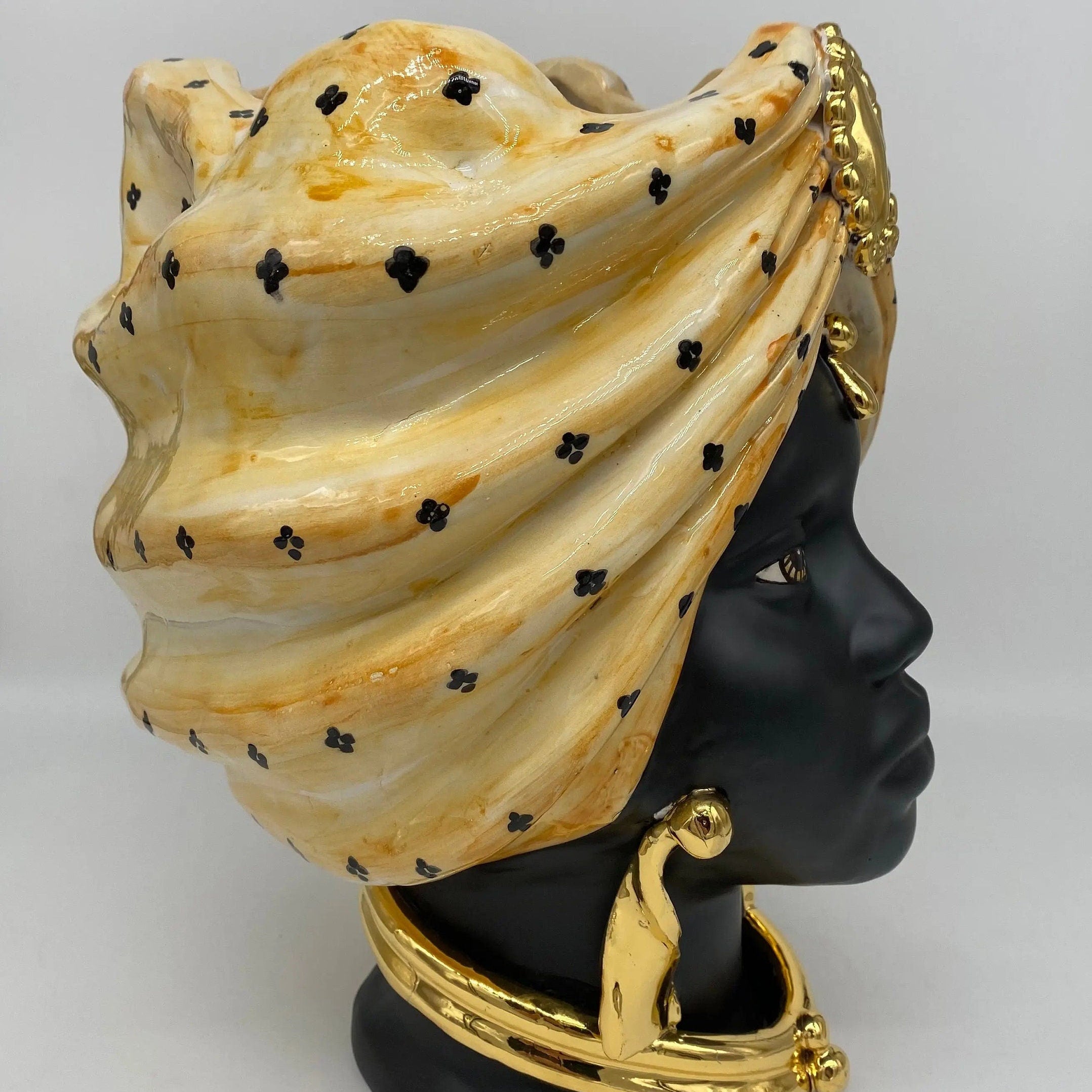Teste di Moro Atena Ceramica Caltagirone cm H.30 L.23 Artigianale Arancio Pois Nero Oro DD CERAMICHE SICILIANE