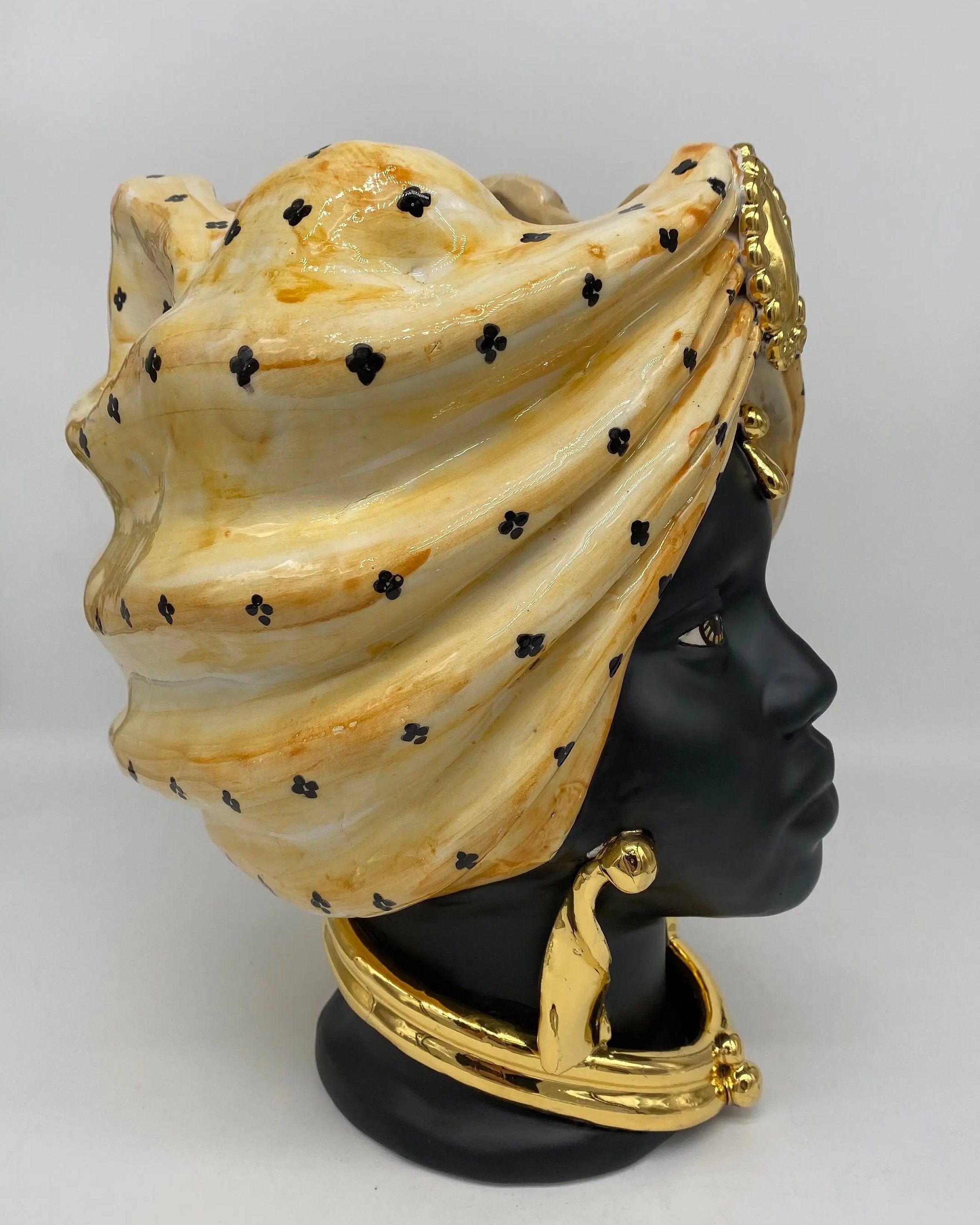 Teste di Moro Atena Ceramica Caltagirone cm H.30 L.23 Artigianale Arancio Pois Nero Oro DD CERAMICHE SICILIANE