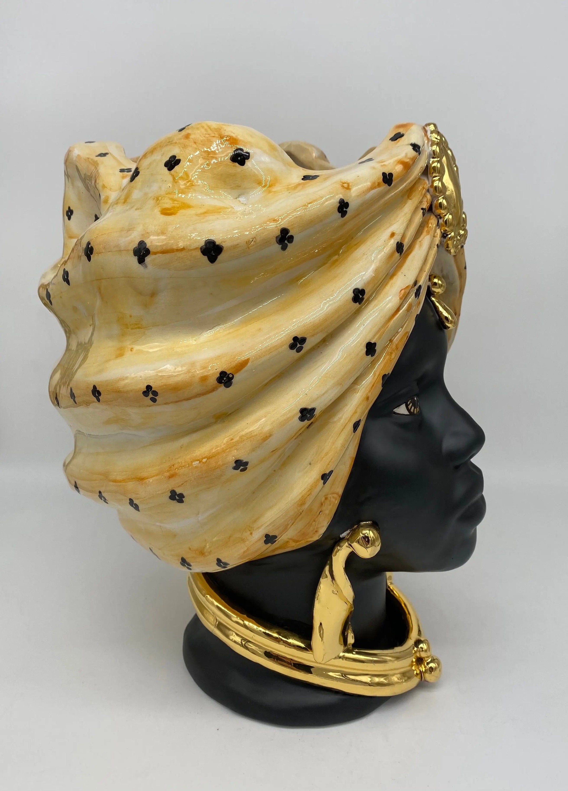 Teste di Moro Atena Ceramica Caltagirone cm H.30 L.23 Artigianale Arancio Pois Nero Oro DD CERAMICHE SICILIANE