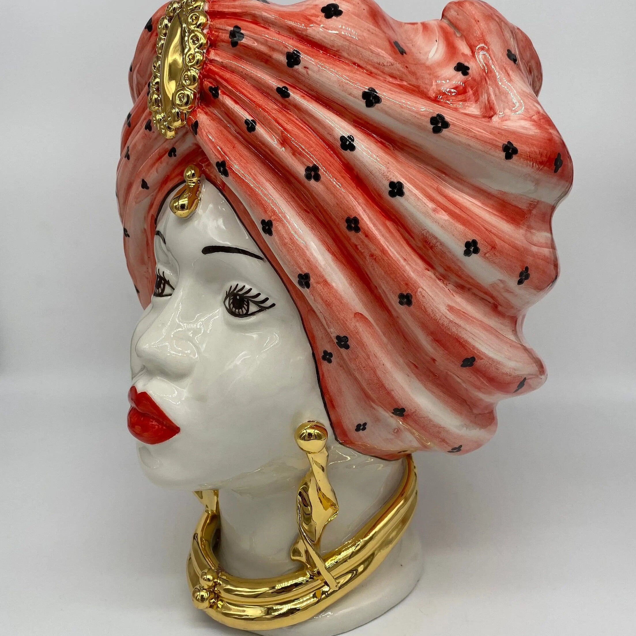 Teste di Moro Atena Ceramica Caltagirone cm H.30 L.23 Artigianale Rosso Pois Oro DD CERAMICHE SICILIANE