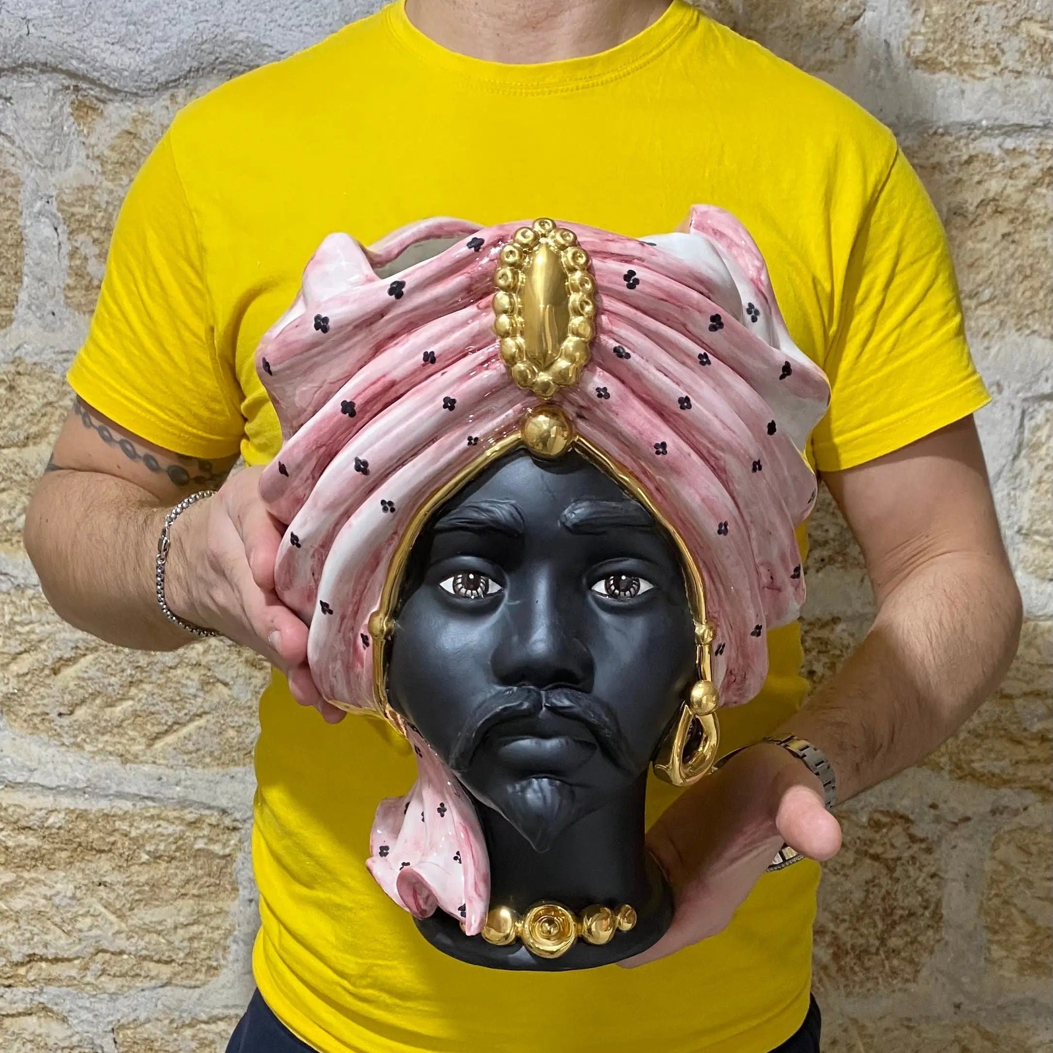 Teste di Moro Atena Ceramica Caltagirone cm H.30 L.23 Artigianale Rosa Pois Nero Oro DD CERAMICHE SICILIANE