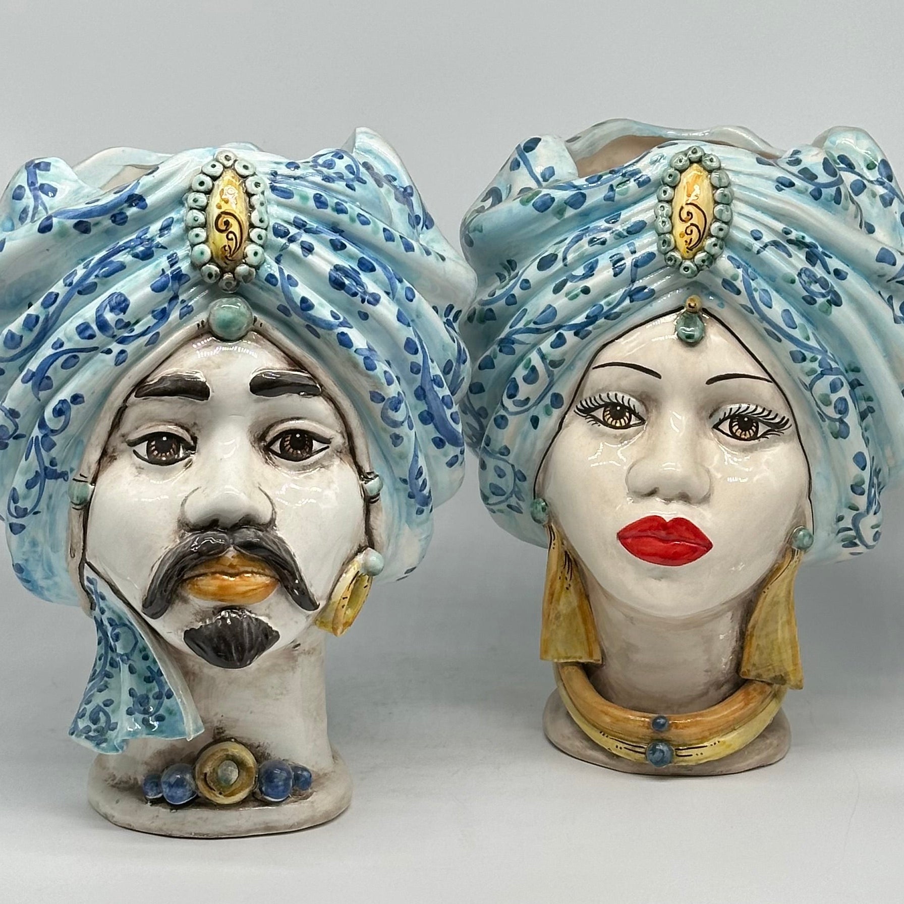 Teste di Moro Atena Ceramica Caltagirone cm H.30 L.23 Artigianale Celeste Barocco - TESTA DI MORO