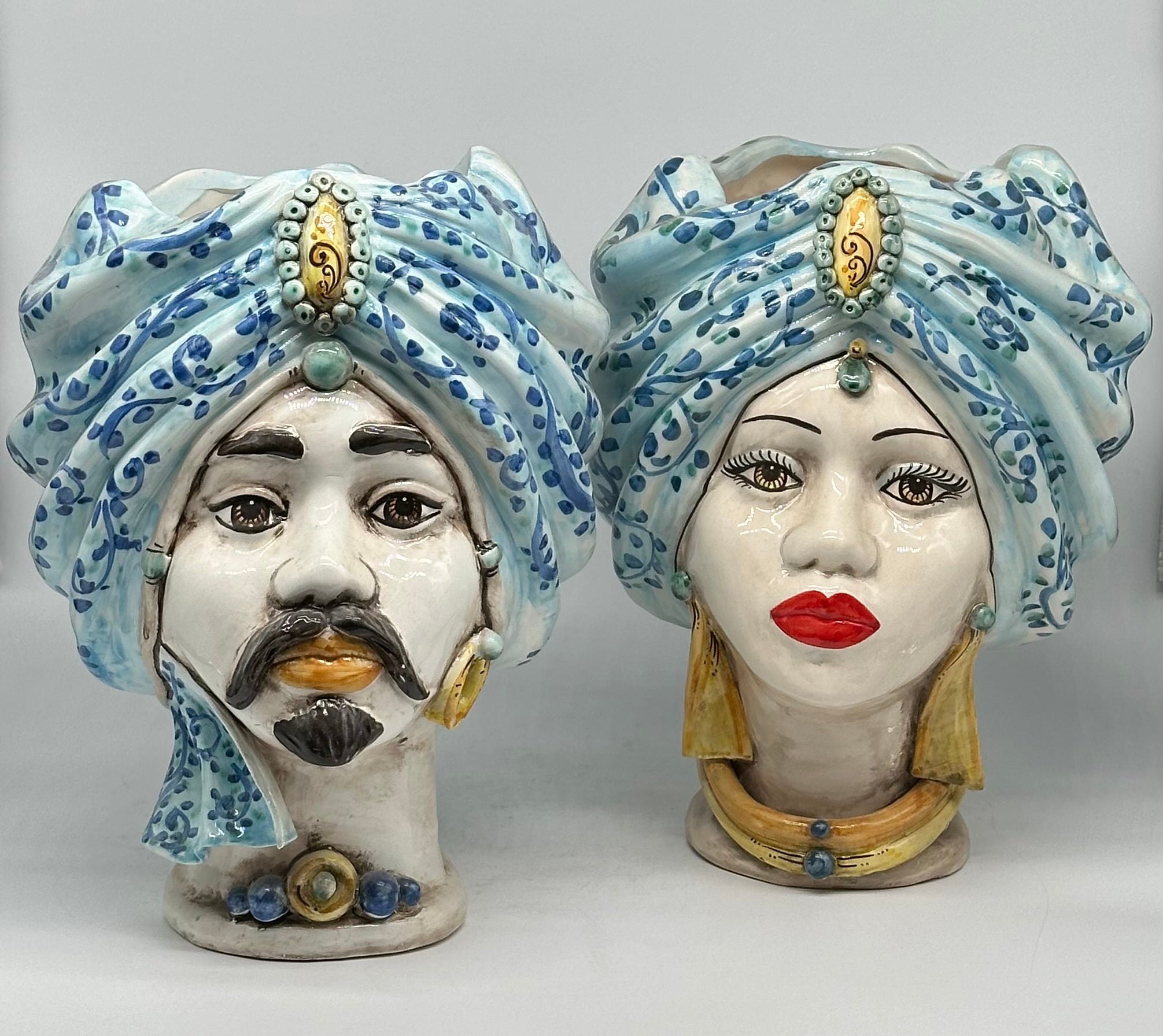 Teste di Moro Atena Ceramica Caltagirone cm H.30 L.23 Artigianale Celeste Barocco - TESTA DI MORO