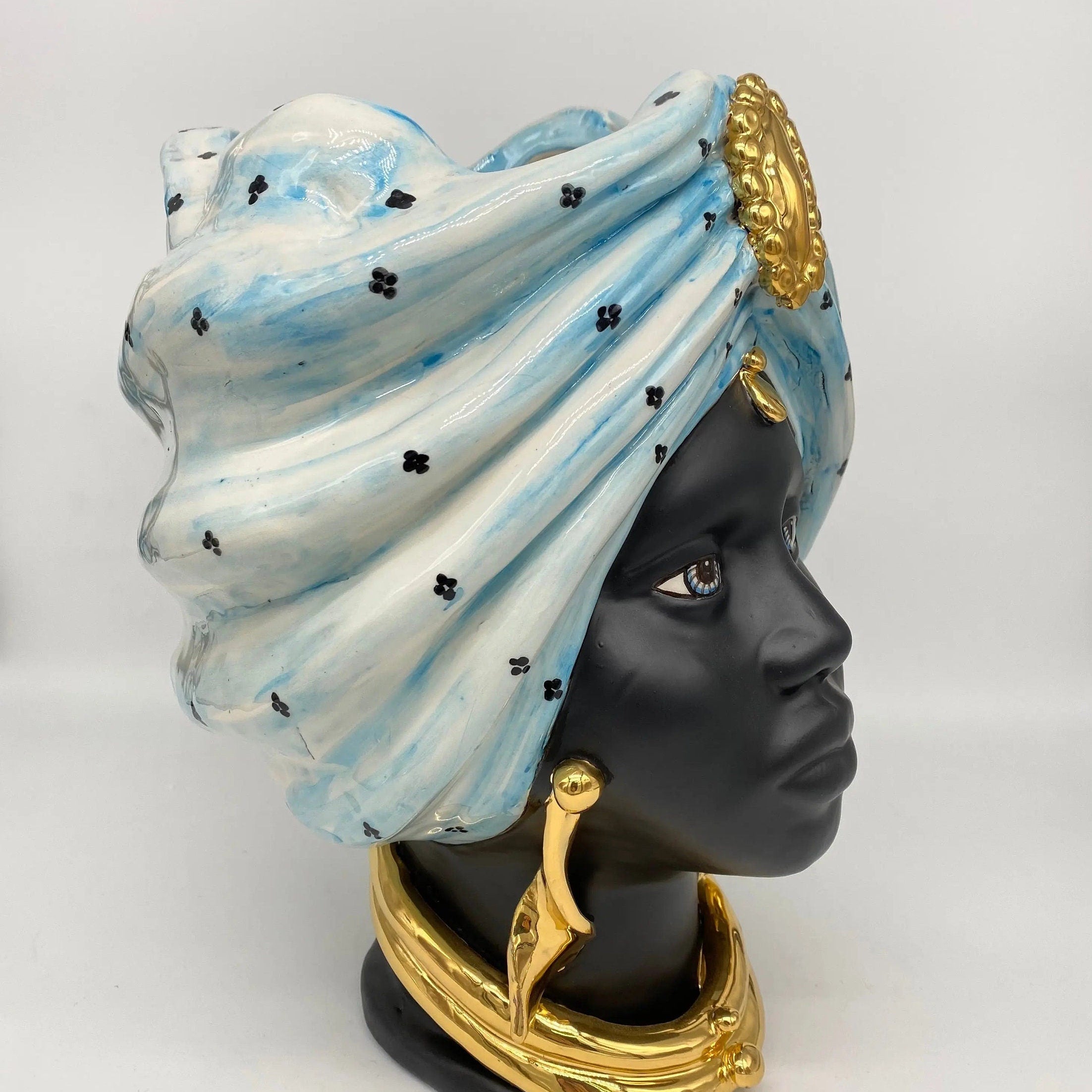 Teste di Moro Atena Ceramica Caltagirone cm H.30 L.23 Artigianale Celeste Pois Nero Oro DD CERAMICHE SICILIANE