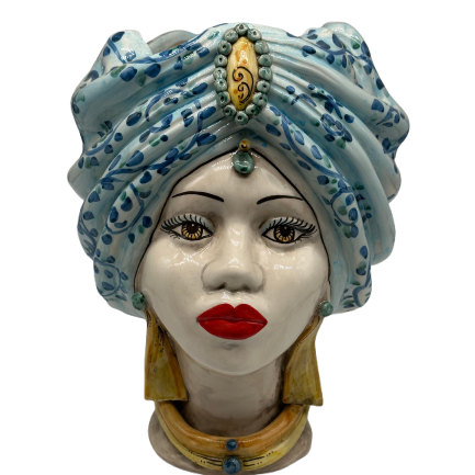 Teste di Moro Atena Ceramica Caltagirone cm H.30 L.23 Artigianale Celeste Barocco - Donna - TESTA DI MORO