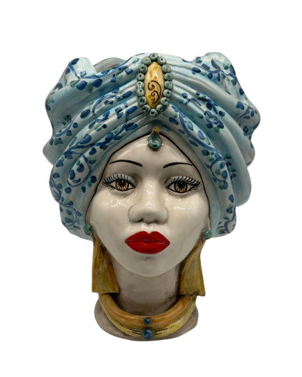 Teste di Moro Atena Ceramica Caltagirone cm H.30 L.23 Artigianale Celeste Barocco - Donna - TESTA DI MORO