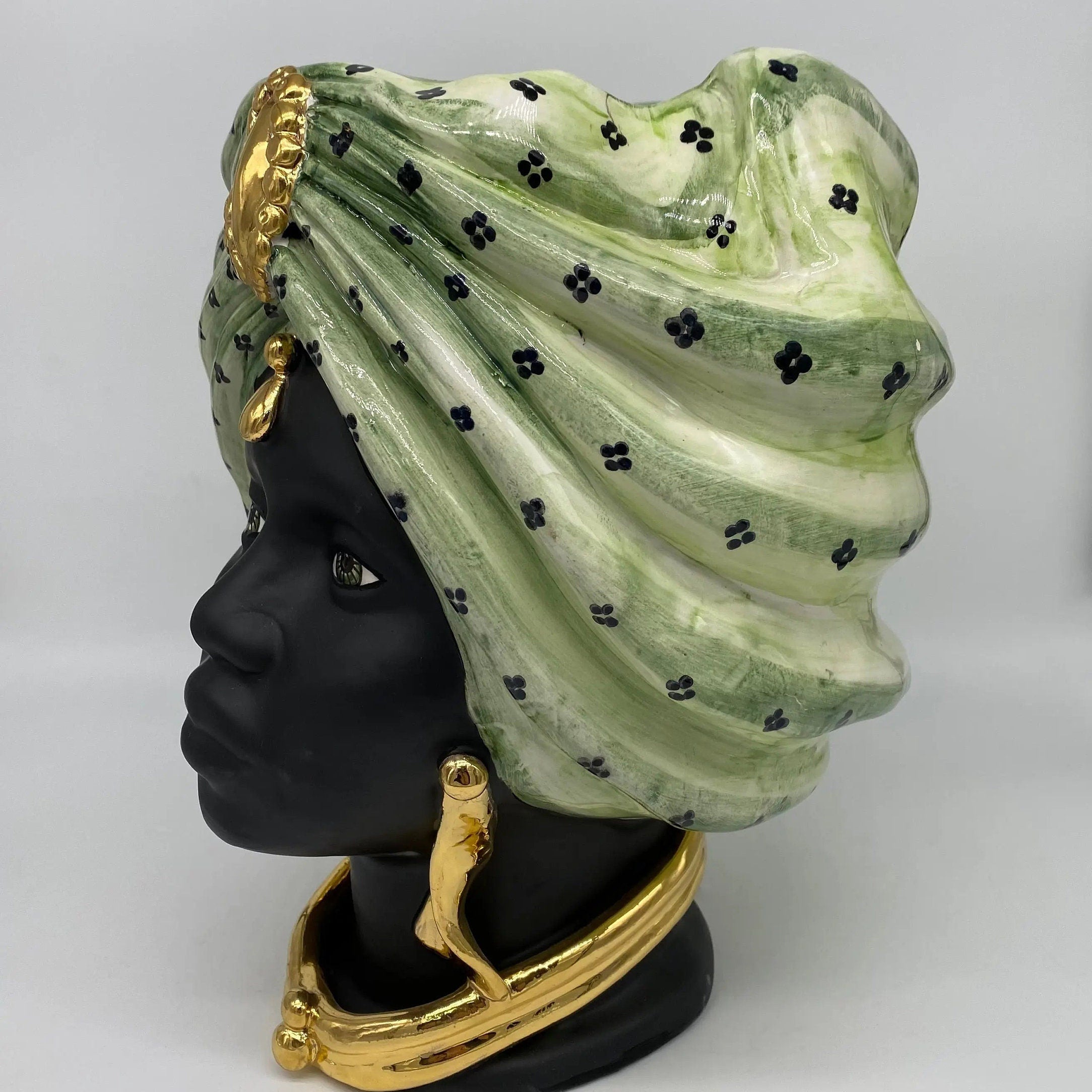 Teste di Moro Atena Ceramica Caltagirone cm H.30 L.23 Artigianale Verde Pois Nero Oro DD CERAMICHE SICILIANE