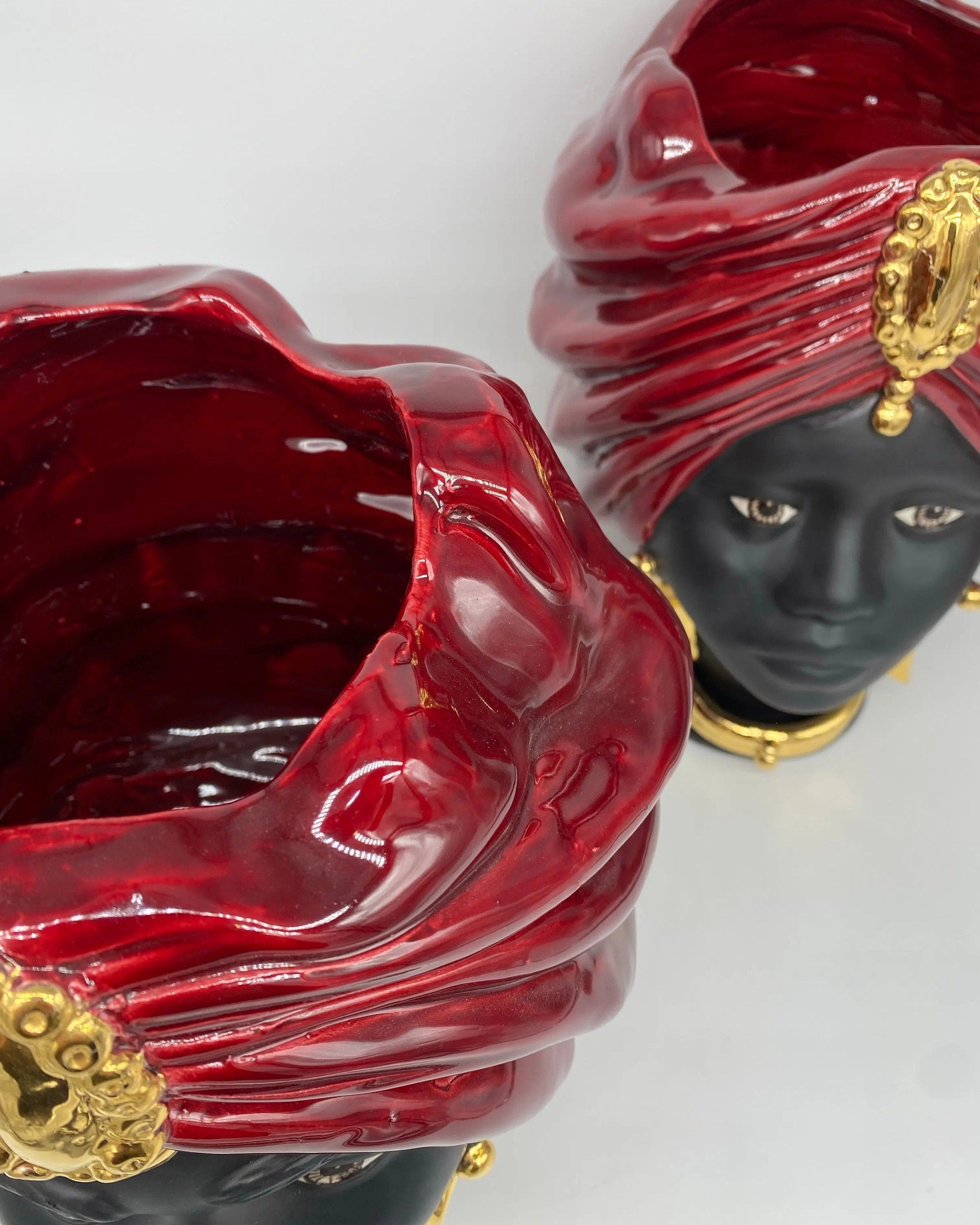 Teste di Moro Atena Ceramica Caltagirone cm H.30 L.23 Artigianale Bordeaux Nero Oro DD CERAMICHE SICILIANE