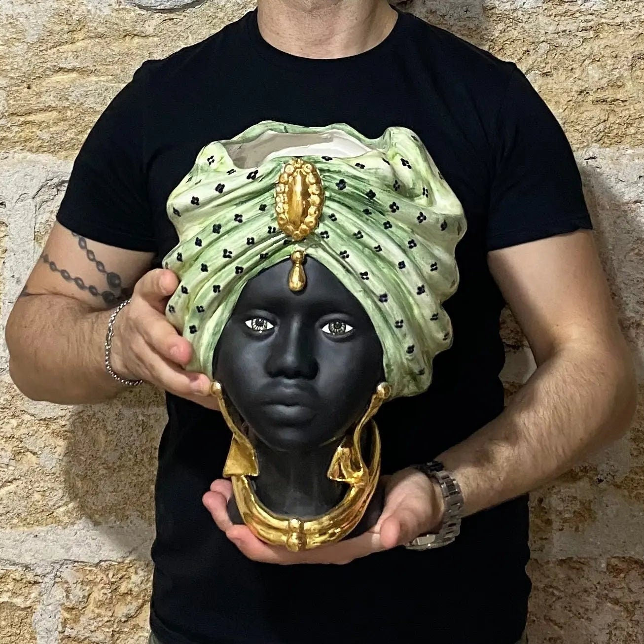Teste di Moro Atena Ceramica Caltagirone cm H.30 L.23 Artigianale Verde Pois Nero Oro DD CERAMICHE SICILIANE