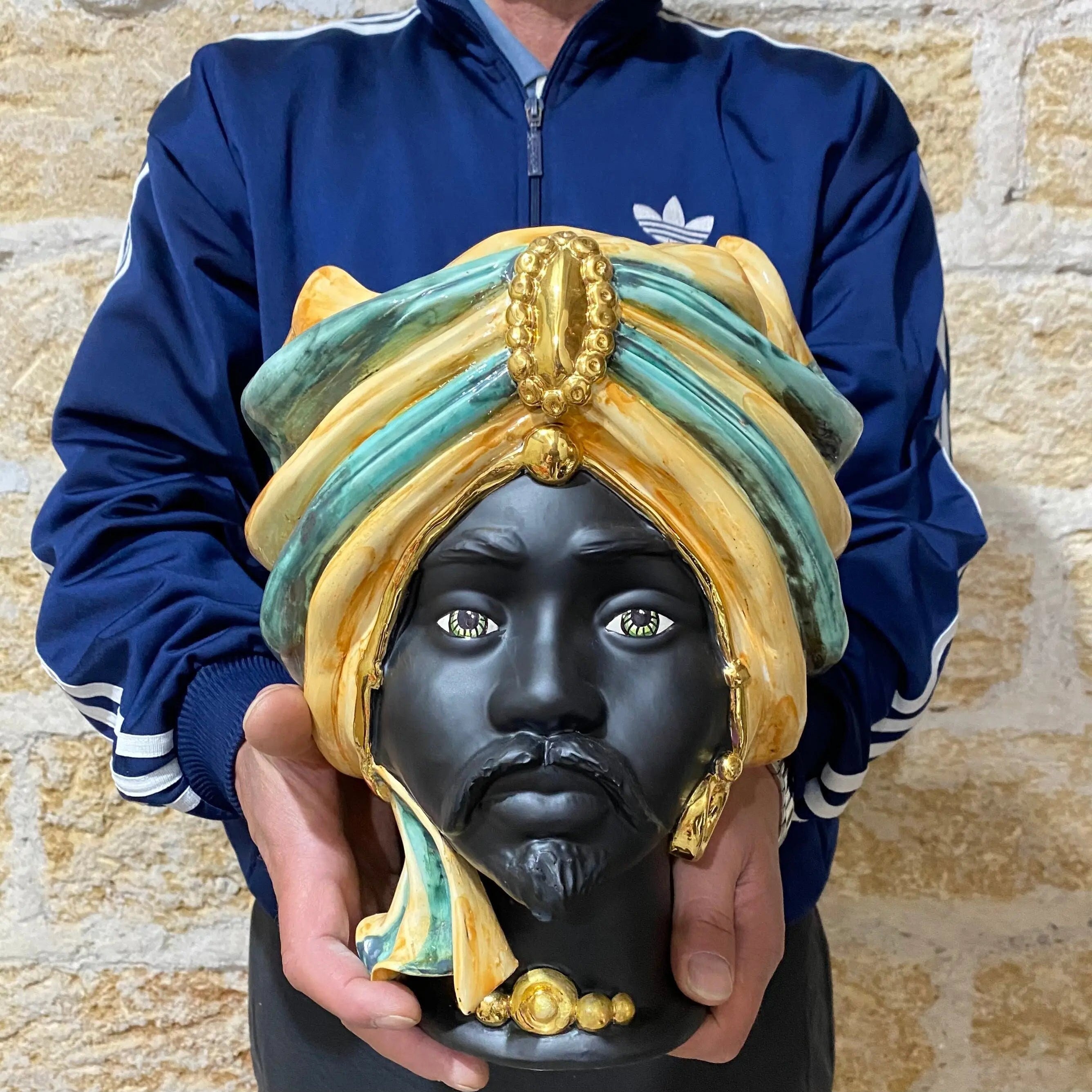 Teste di Moro Atena Ceramica Caltagirone cm H.30 L.23 Artigianale Ocra Verde Nero Oro DD CERAMICHE SICILIANE