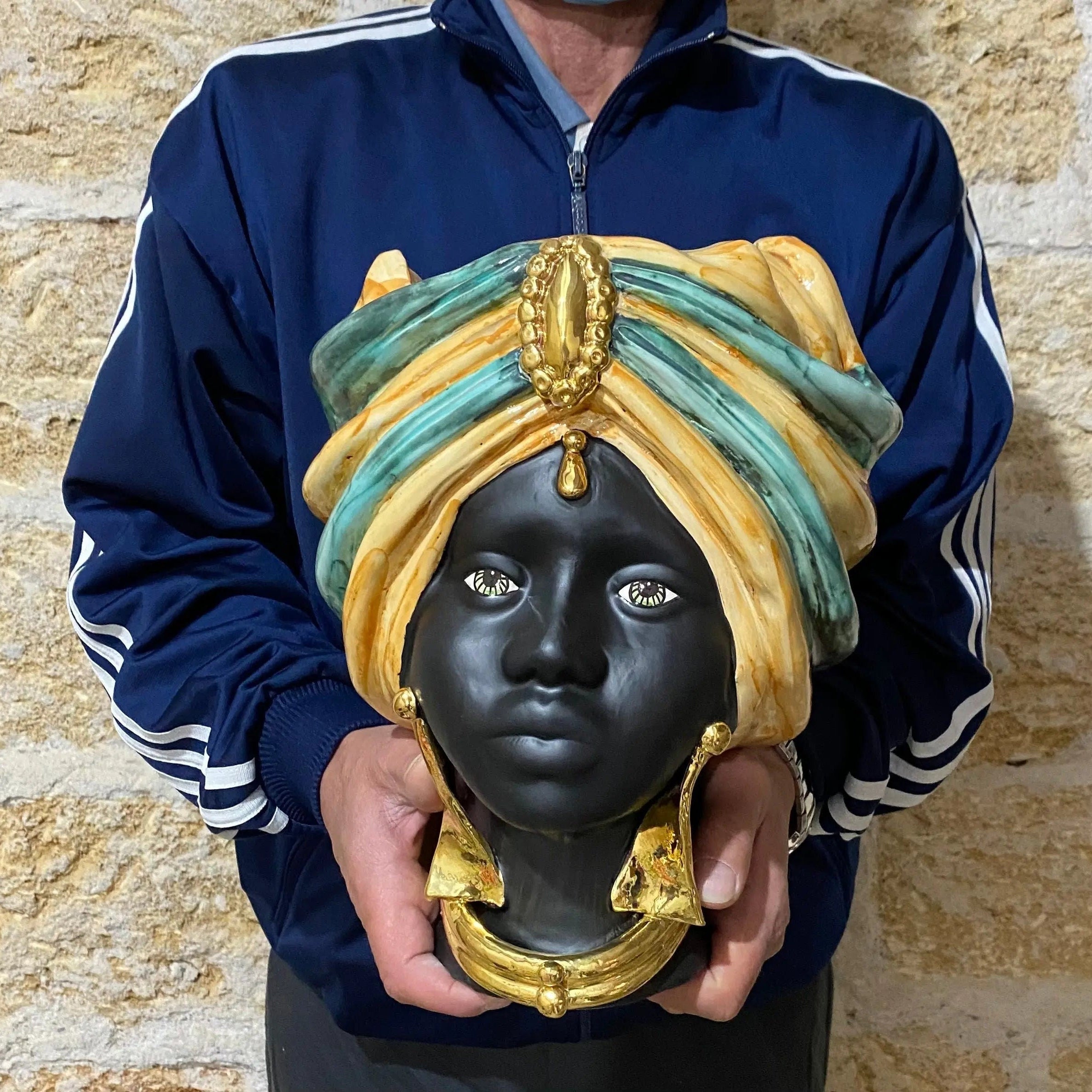 Teste di Moro Atena Ceramica Caltagirone cm H.30 L.23 Artigianale Ocra Verde Nero Oro DD CERAMICHE SICILIANE