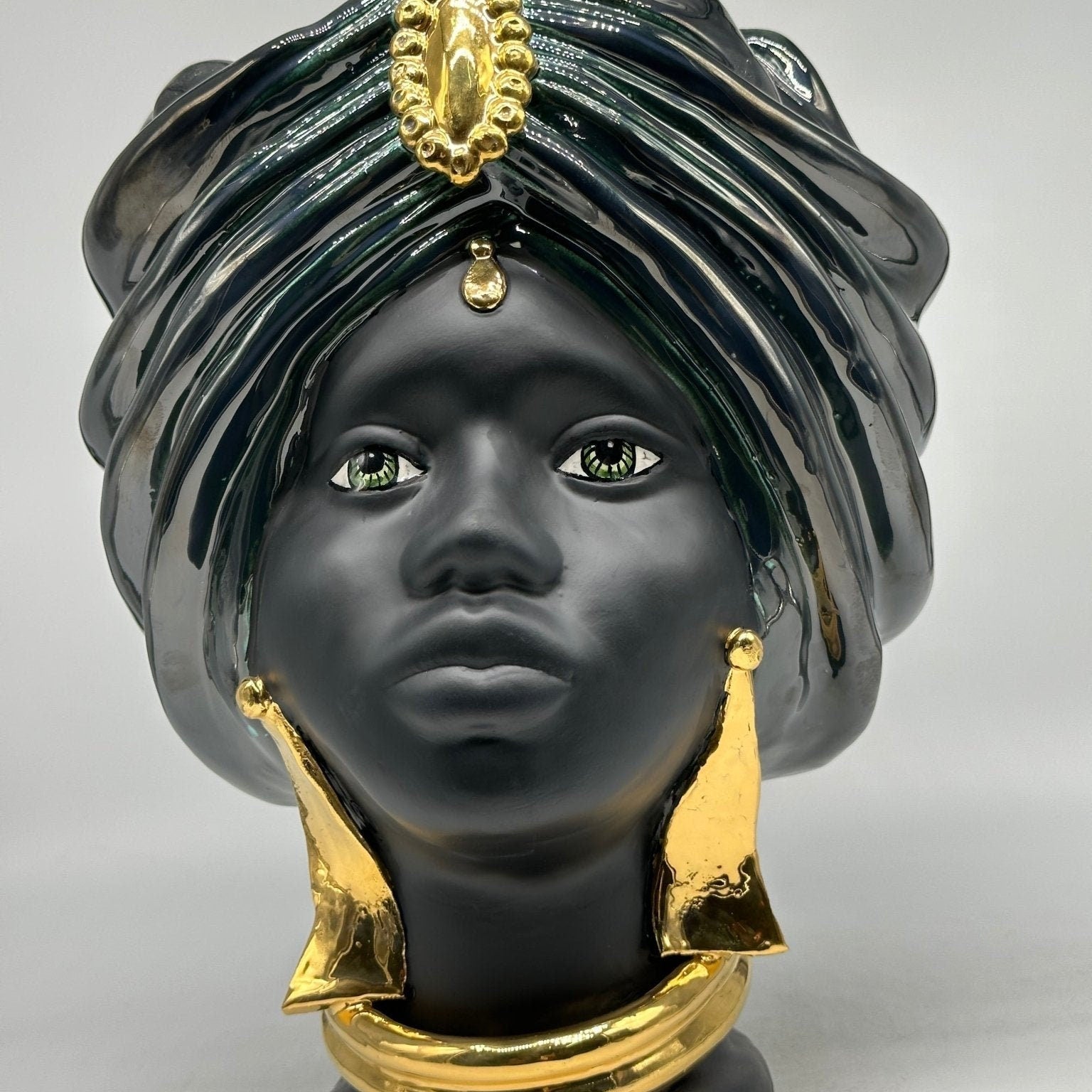 Teste di Moro Atena Ceramica Caltagirone cm H.30 L.23 Artigianale Verde Rame Nero Oro - DD CERAMICHE SICILIANE
