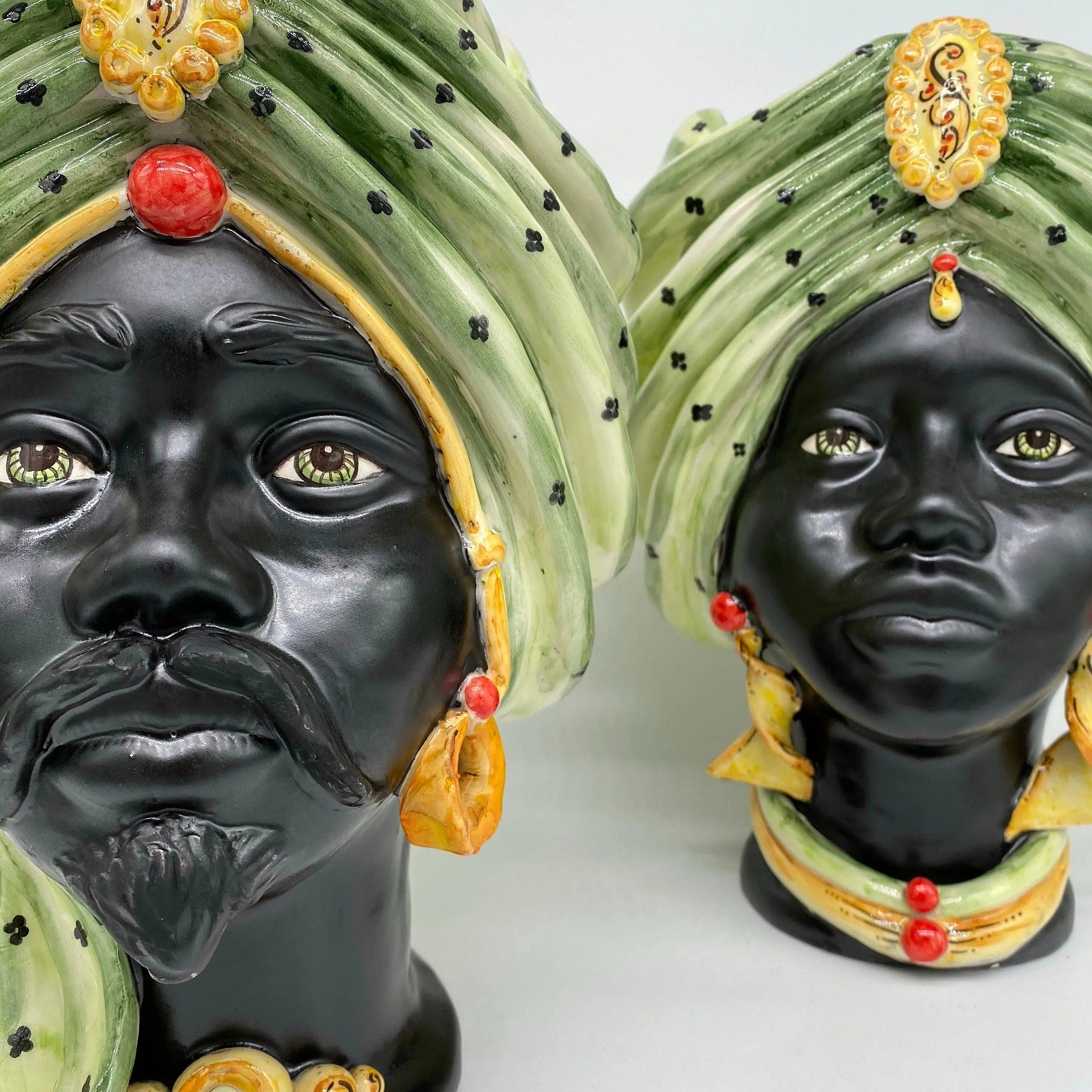 Teste di Moro Atena Ceramica Caltagirone cm H.30 L.23 Artigianale Verde Pois Nero Giallo DD CERAMICHE SICILIANE