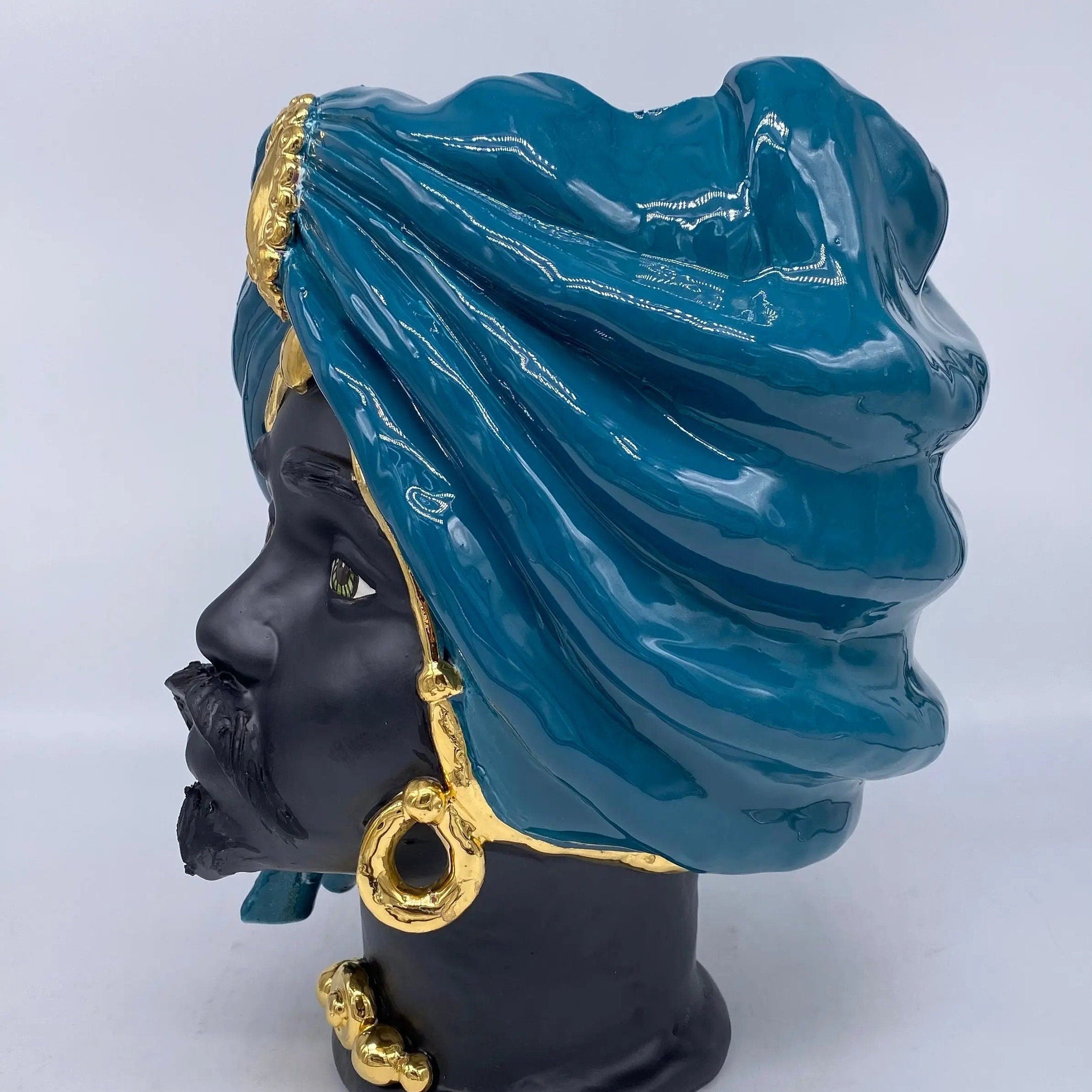 Teste di Moro Atena Ceramica Caltagirone cm H.30 L.23 Artigianale Verde Ottanio Nero Oro DD CERAMICHE SICILIANE