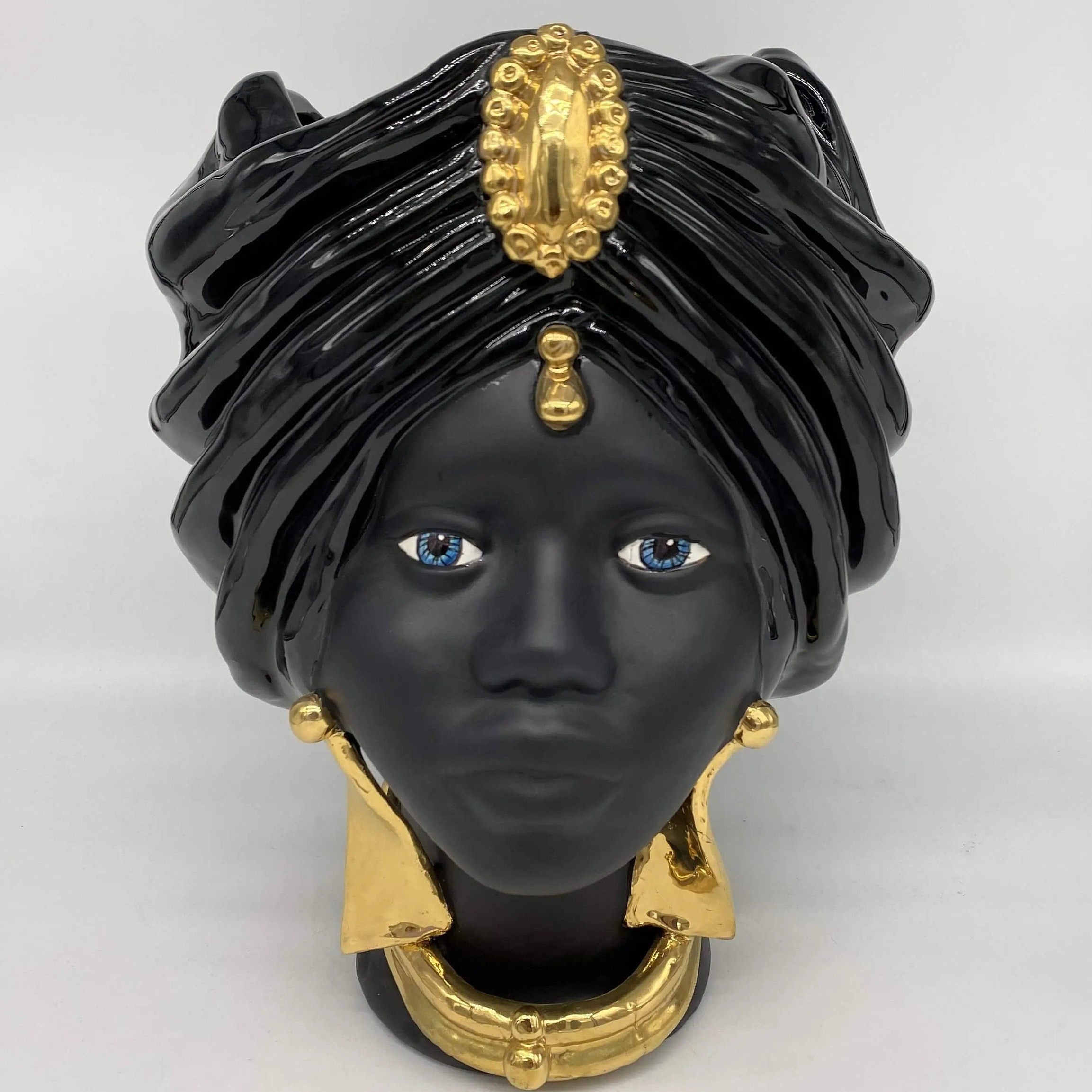 Teste di Moro Atena Ceramica Caltagirone cm H.30 L.23 Artigianale Nero Oro DD CERAMICHE SICILIANE