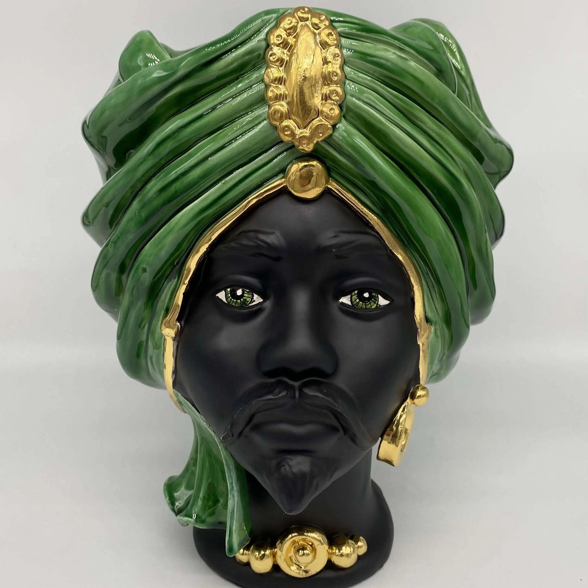Teste di Moro Atena Ceramica Caltagirone cm H.30 L.23 Artigianale Verde Cristallo Nero Oro DD CERAMICHE SICILIANE