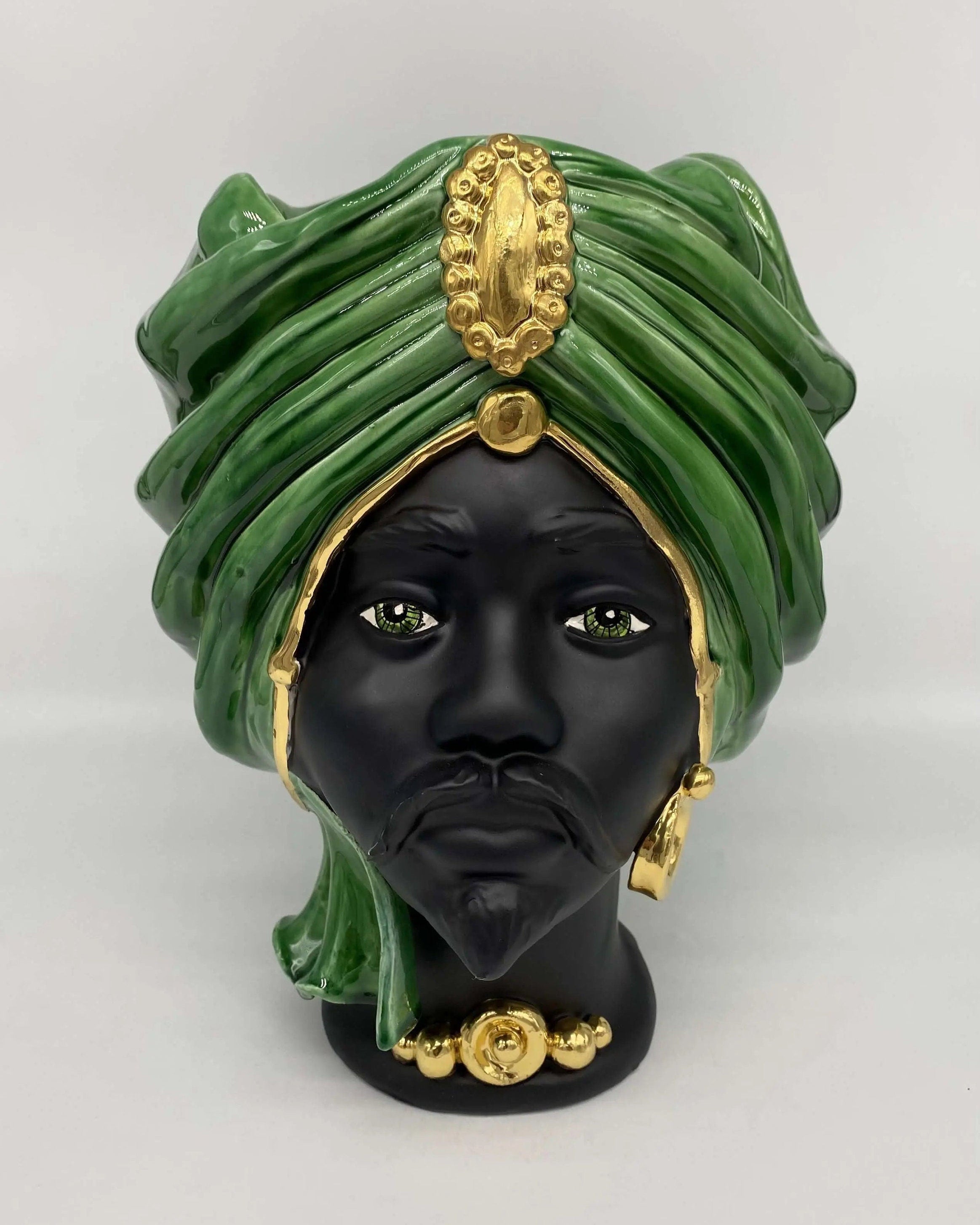 Teste di Moro Atena Ceramica Caltagirone cm H.30 L.23 Artigianale Verde Cristallo Nero Oro DD CERAMICHE SICILIANE