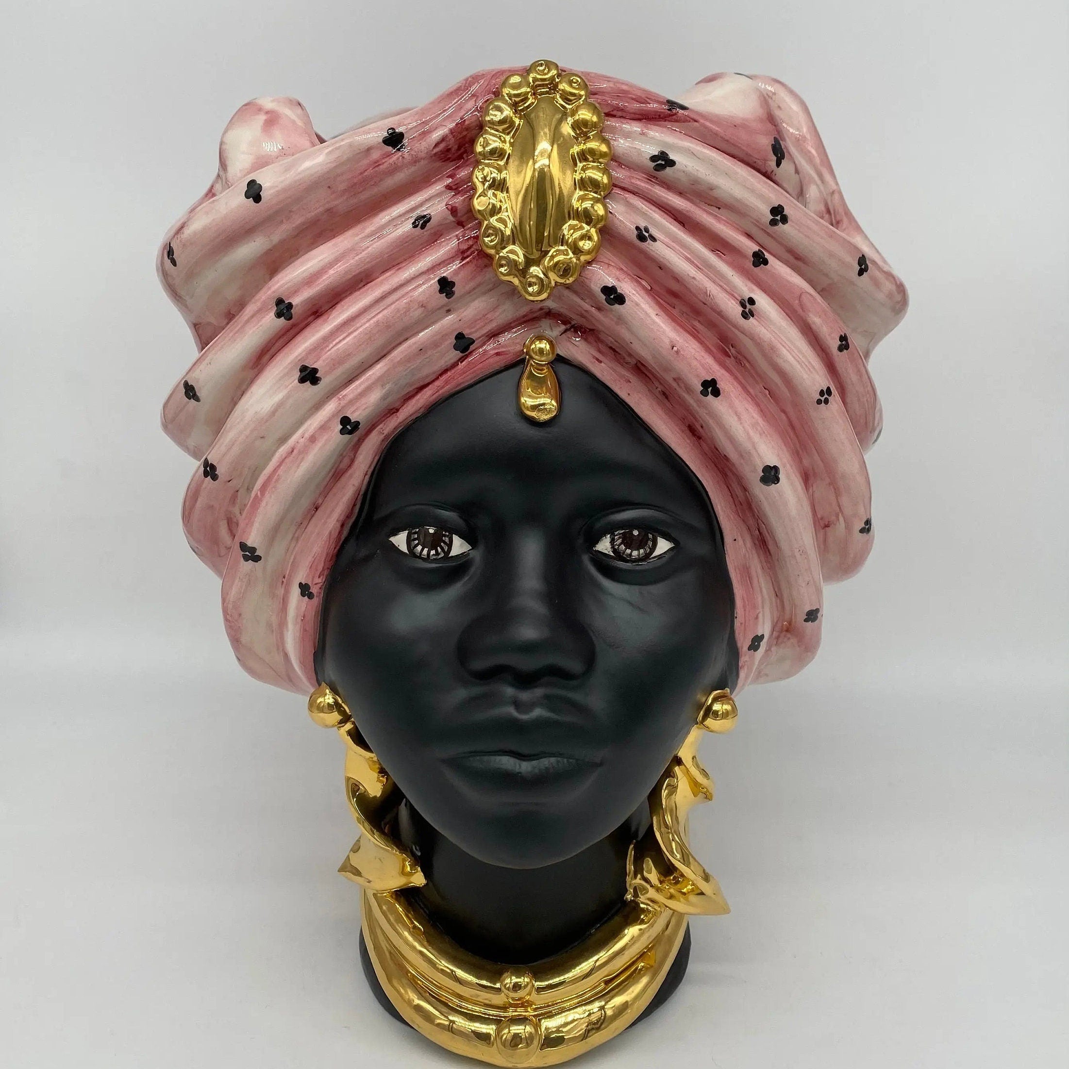 Teste di Moro Atena Ceramica Caltagirone cm H.30 L.23 Artigianale Rosa Pois Nero Oro DD CERAMICHE SICILIANE