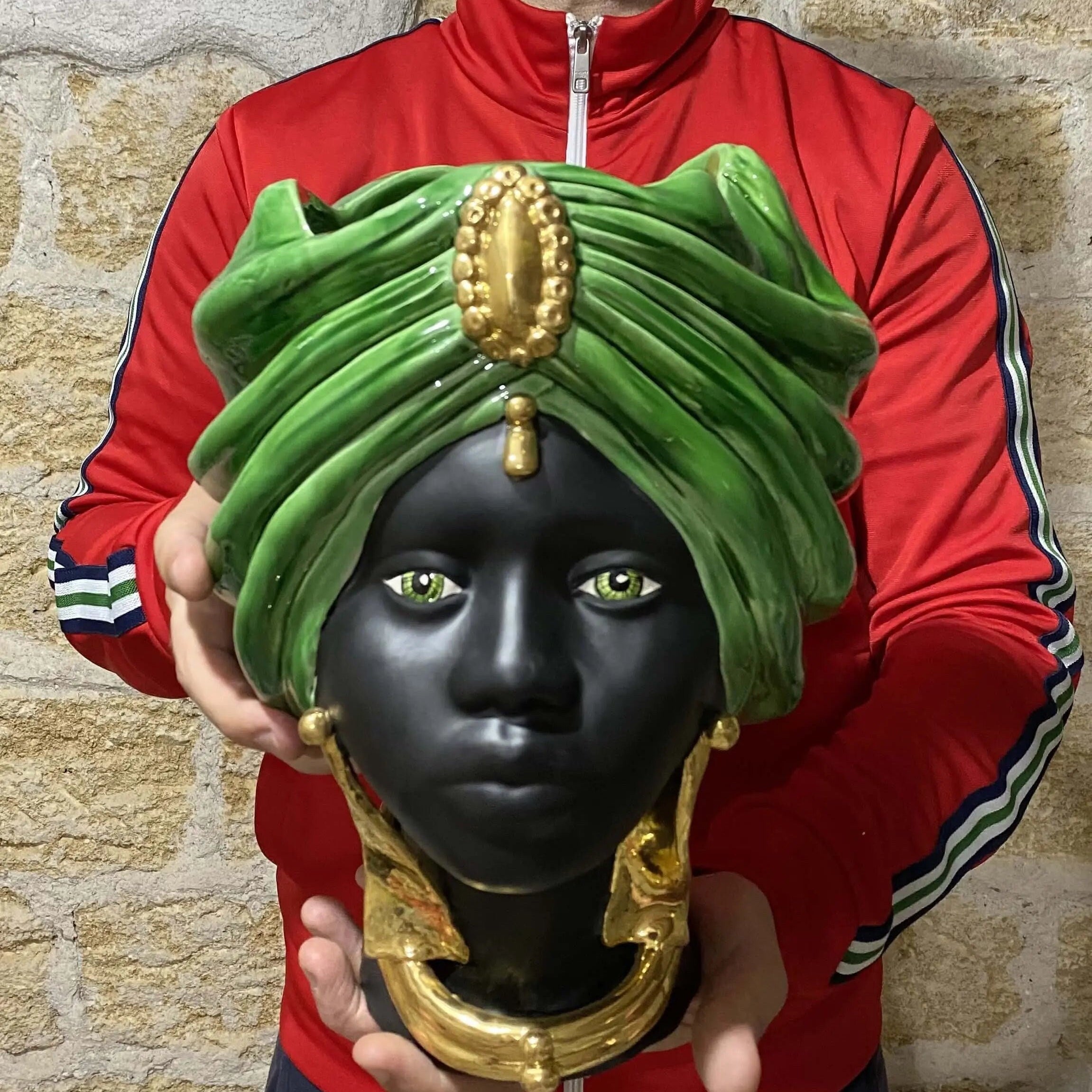 Teste di Moro Atena Ceramica Caltagirone cm H.30 L.23 Artigianale Verde Cristallo Nero Oro DD CERAMICHE SICILIANE
