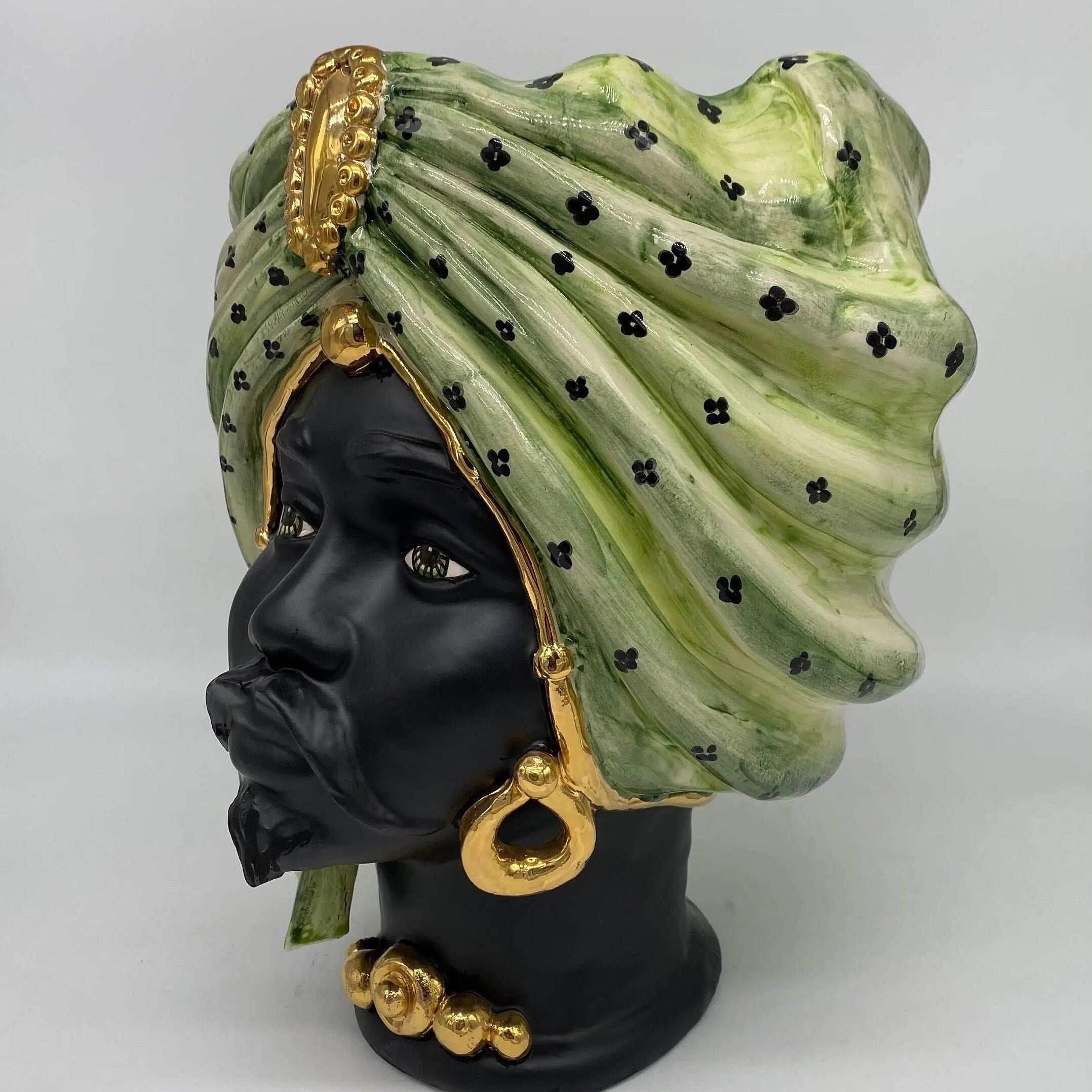 Teste di Moro Atena Ceramica Caltagirone cm H.30 L.23 Artigianale Verde Pois Nero Oro DD CERAMICHE SICILIANE