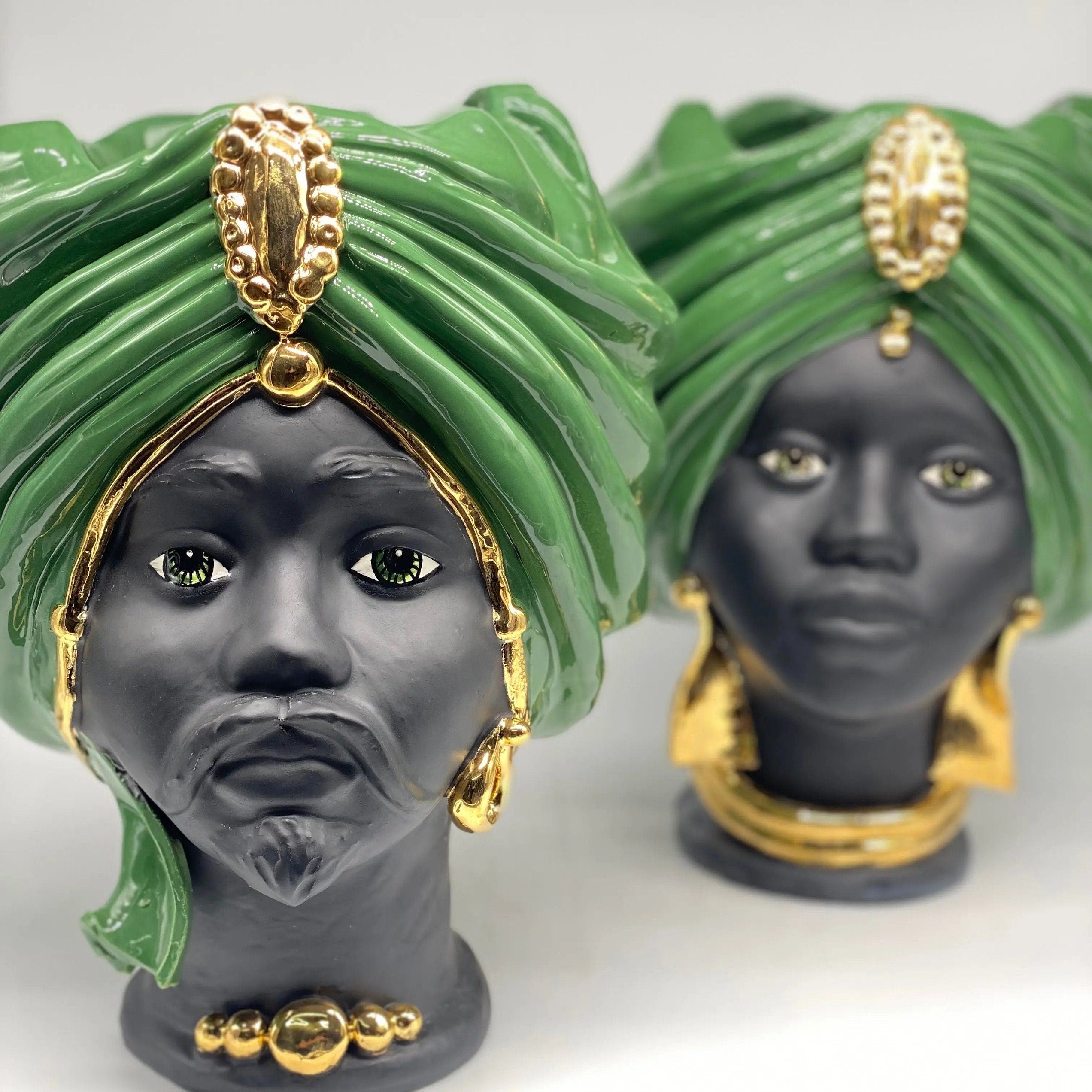Teste di Moro Atena Ceramica Caltagirone cm H.30 L.23 Artigianale Verde Nero Oro DD CERAMICHE SICILIANE