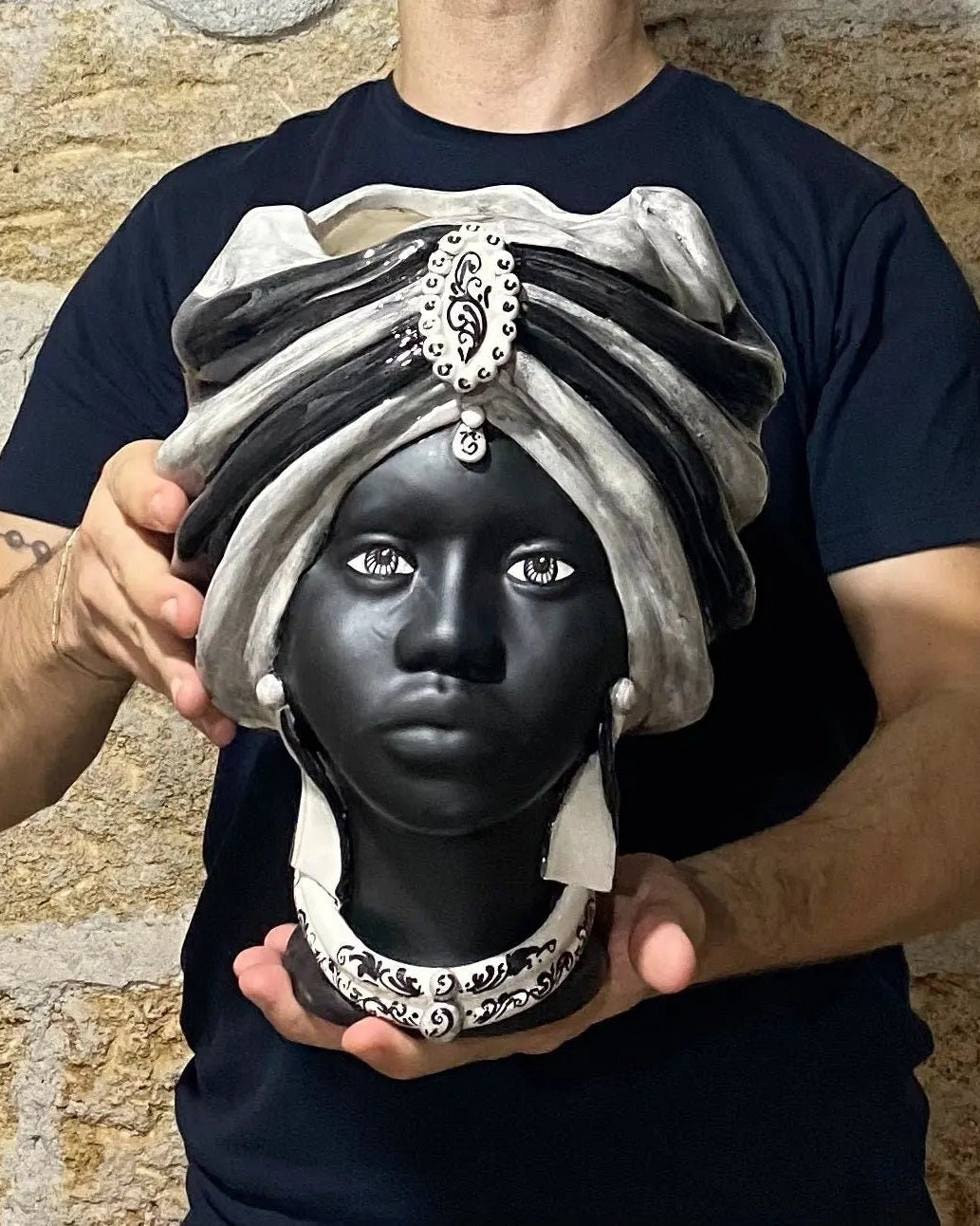 Teste di Moro Atena Ceramica Caltagirone cm H.30 L.23 Artigianale Grigio Nero DD CERAMICHE SICILIANE