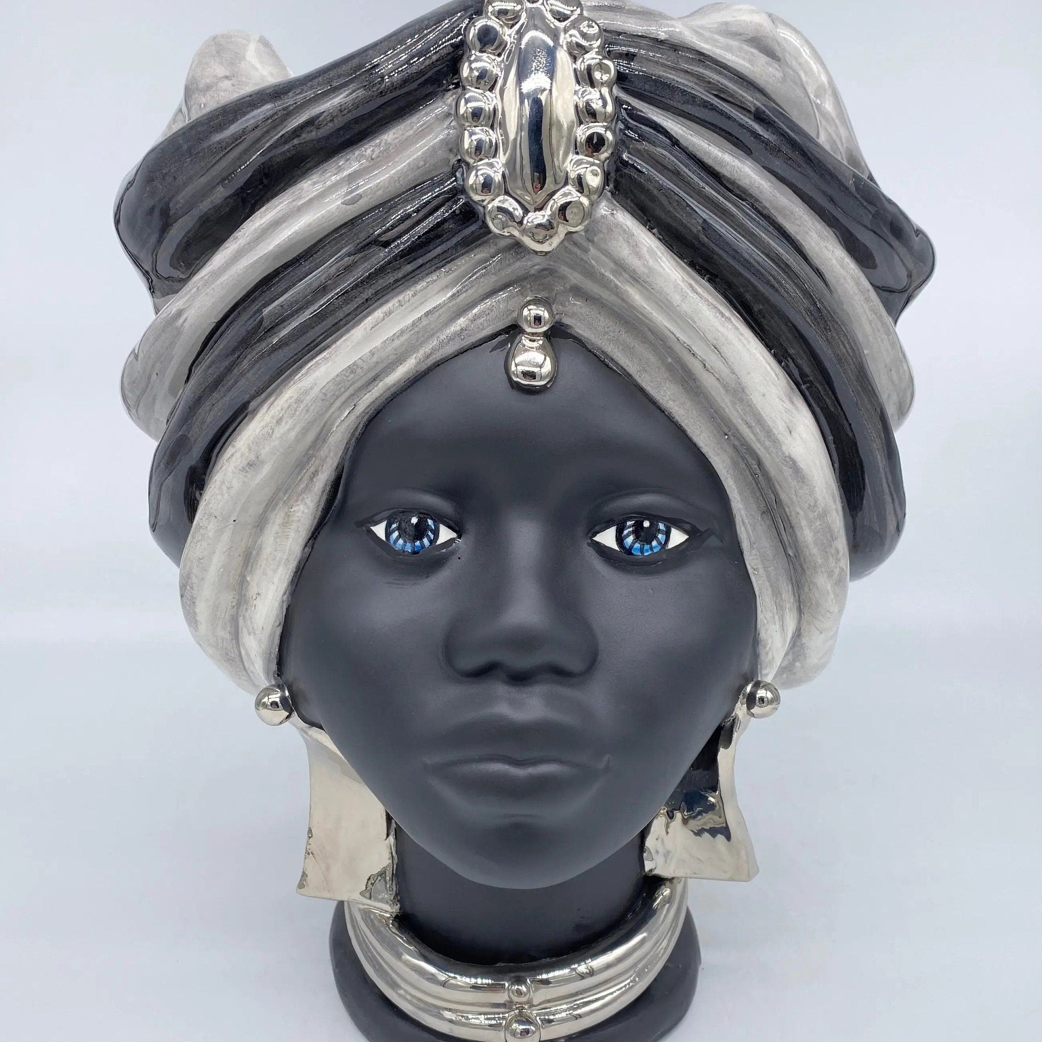 Teste di Moro Atena Ceramica Caltagirone cm H.30 L.23 Artigianale Grigio Nero Platino DD CERAMICHE SICILIANE