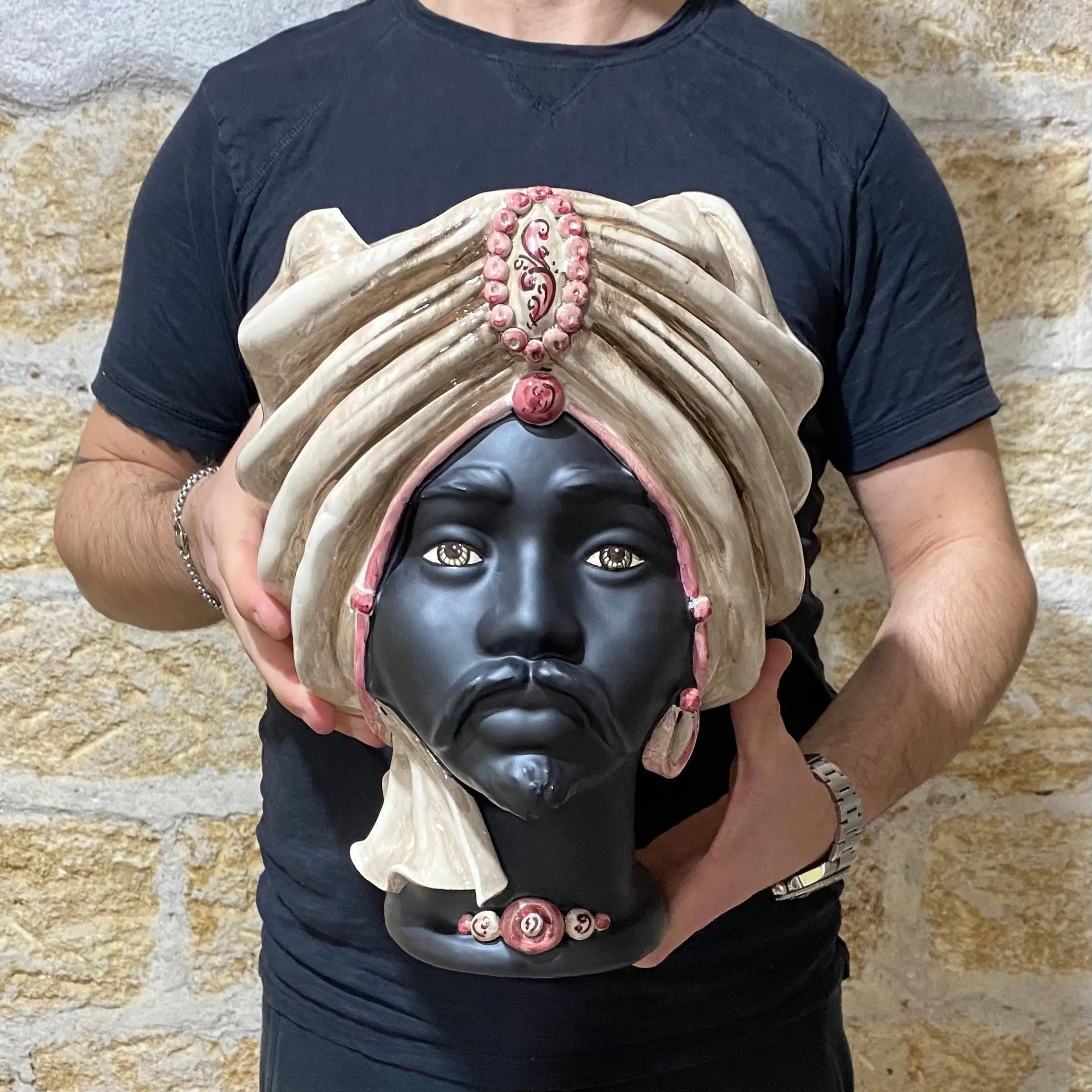 Teste di Moro Atena Ceramica Caltagirone cm H.30 L.23 Artigianale Écru Nero Viola DD CERAMICHE SICILIANE