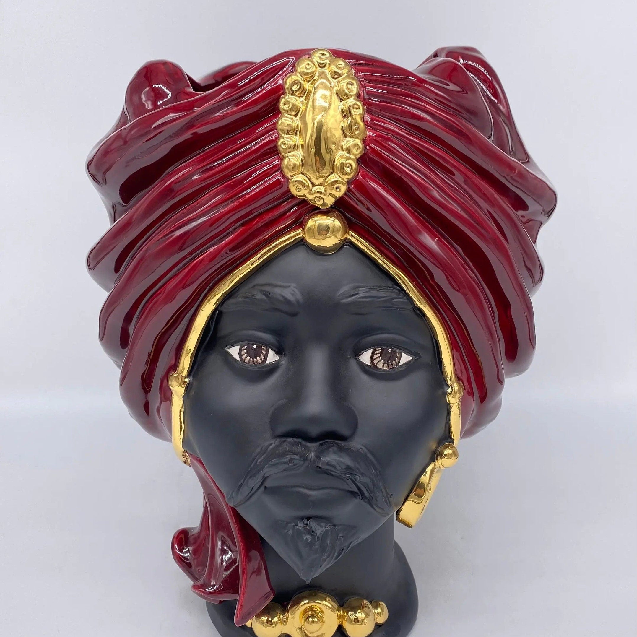 Teste di Moro Atena Ceramica Caltagirone cm H.30 L.23 Artigianale Bordeaux Nero Oro DD CERAMICHE SICILIANE
