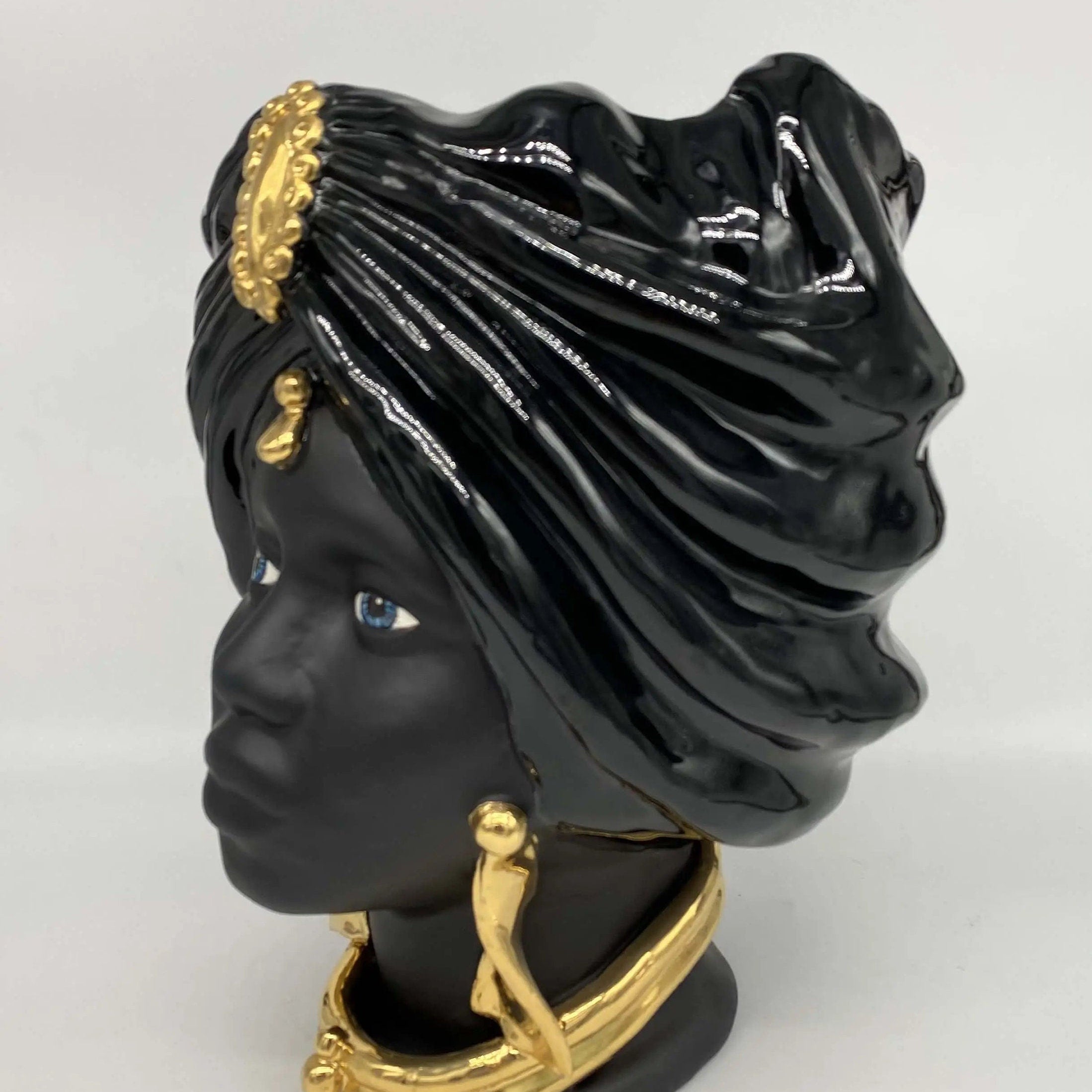 Teste di Moro Atena Ceramica Caltagirone cm H.30 L.23 Artigianale Nero Oro DD CERAMICHE SICILIANE