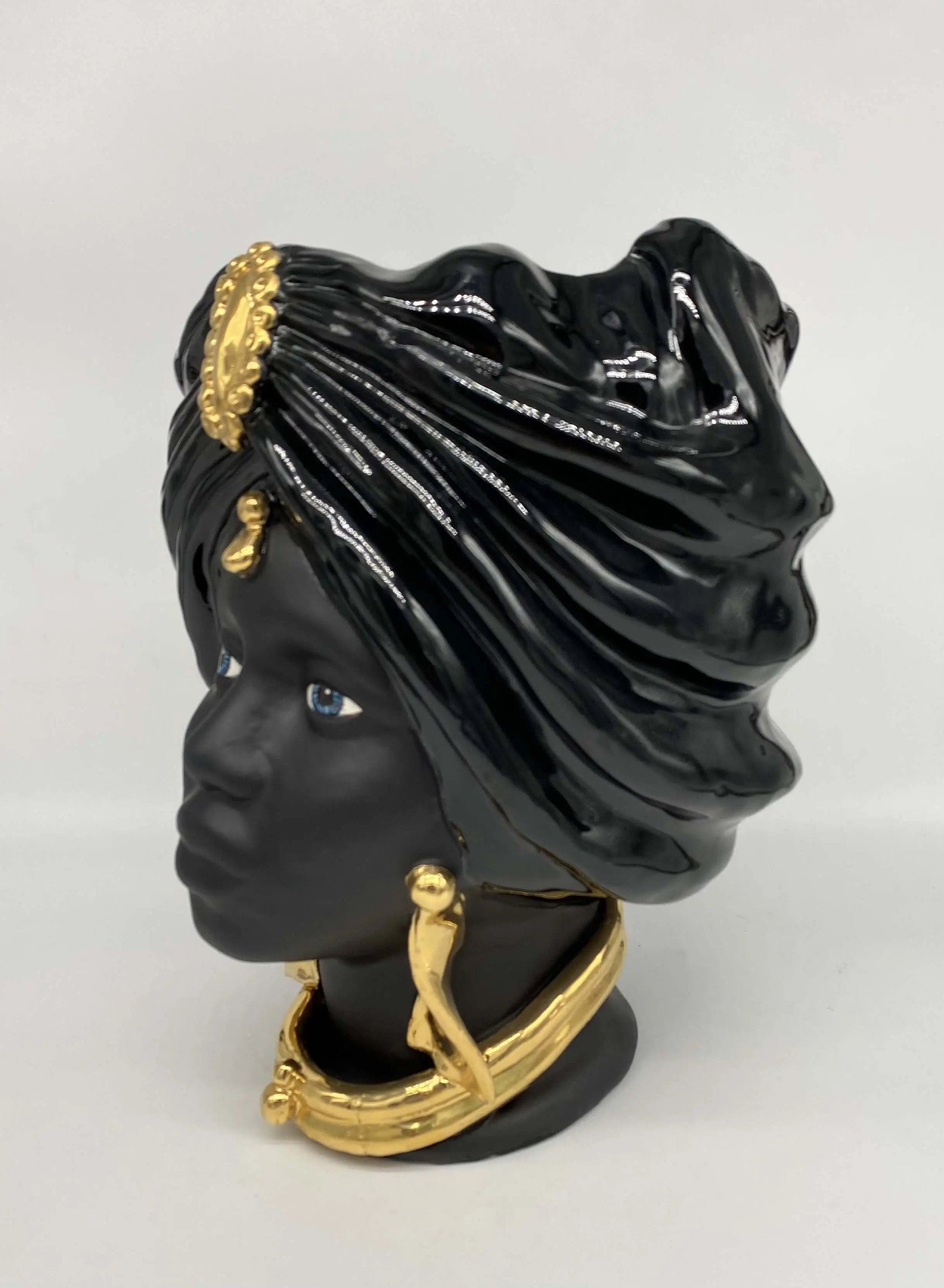 Teste di Moro Atena Ceramica Caltagirone cm H.30 L.23 Artigianale Nero Oro DD CERAMICHE SICILIANE