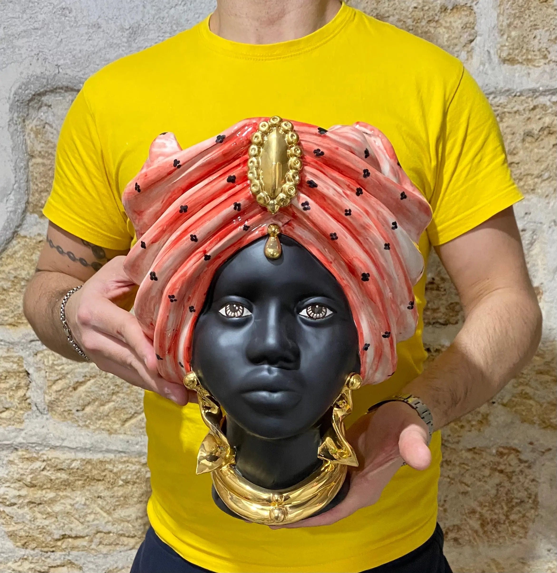 Teste di Moro Atena Ceramica Caltagirone cm H.30 L.23 Artigianale Rosso Pois Nero Oro DD CERAMICHE SICILIANE