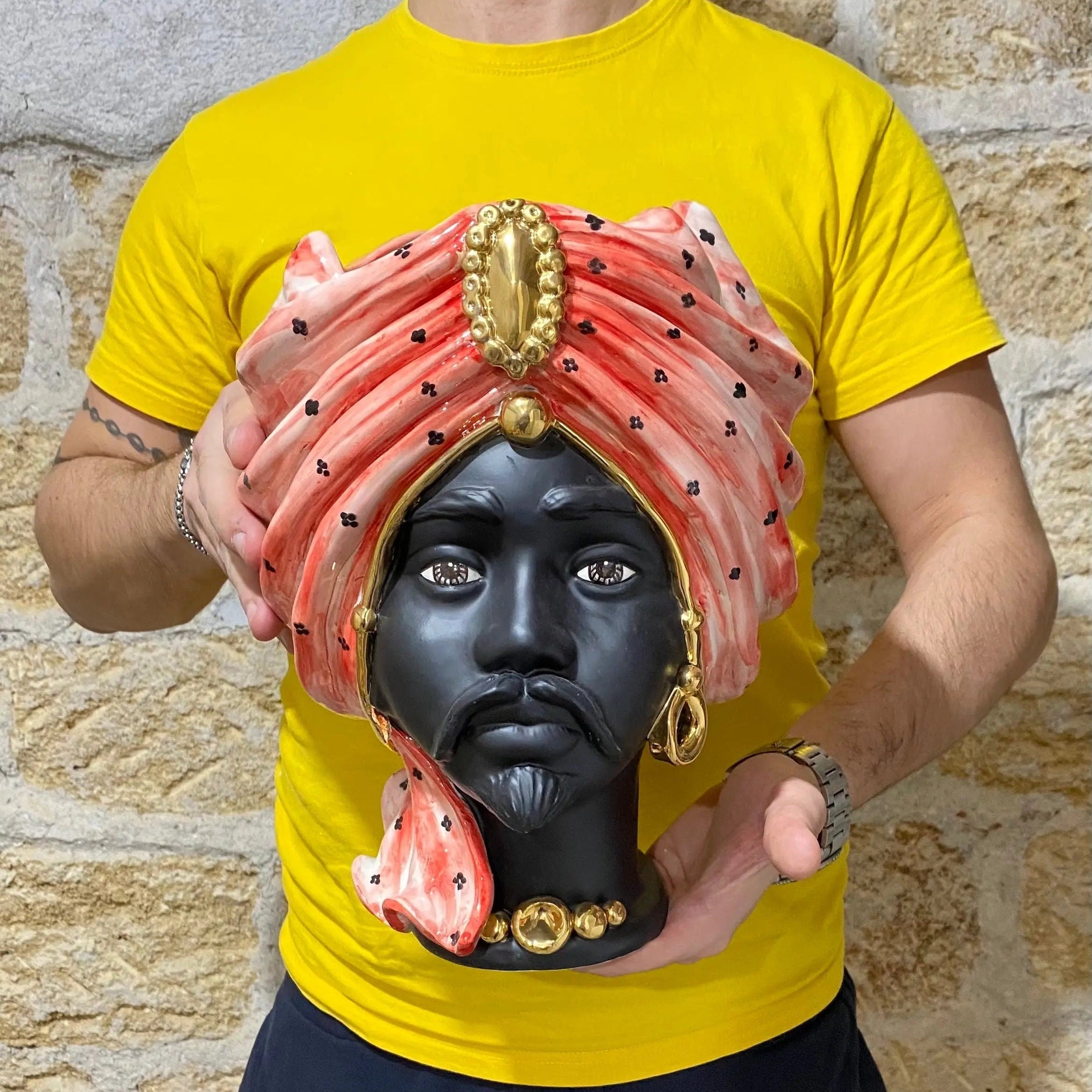 Teste di Moro Atena Ceramica Caltagirone cm H.30 L.23 Artigianale Rosso Pois Nero Oro DD CERAMICHE SICILIANE