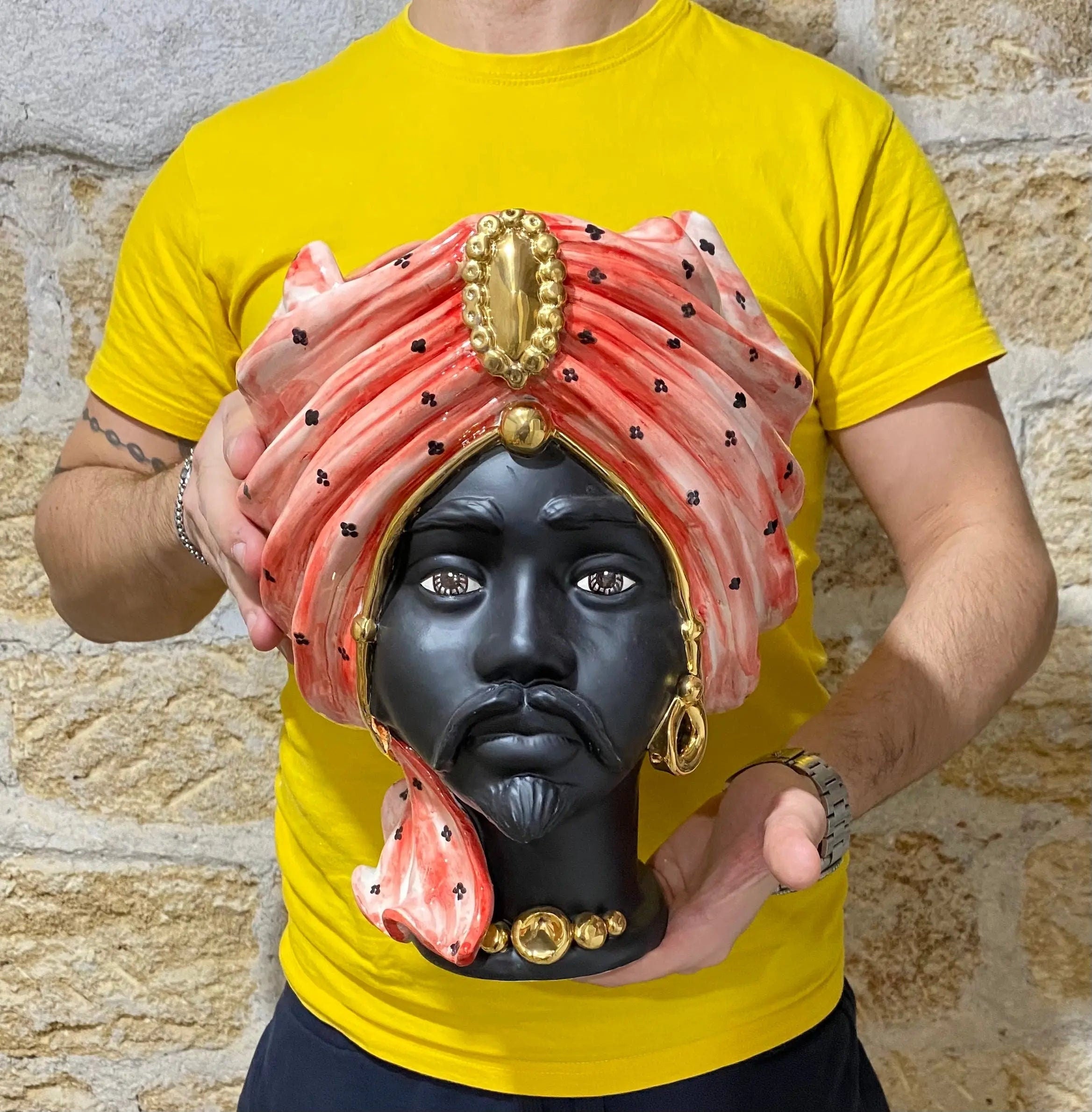 Teste di Moro Atena Ceramica Caltagirone cm H.30 L.23 Artigianale Rosso Pois Nero Oro DD CERAMICHE SICILIANE