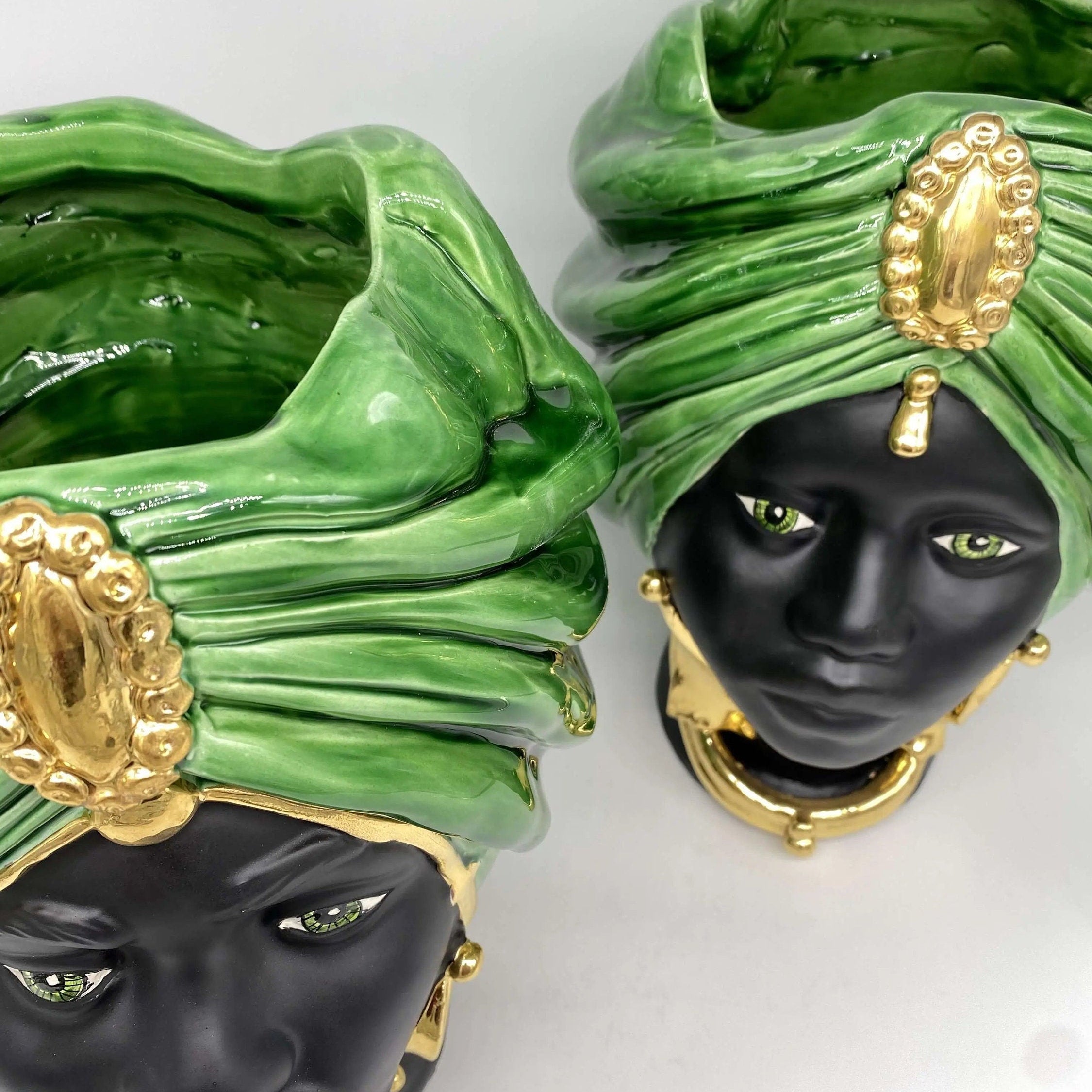 Teste di Moro Atena Ceramica Caltagirone cm H.30 L.23 Artigianale Verde Cristallo Nero Oro DD CERAMICHE SICILIANE