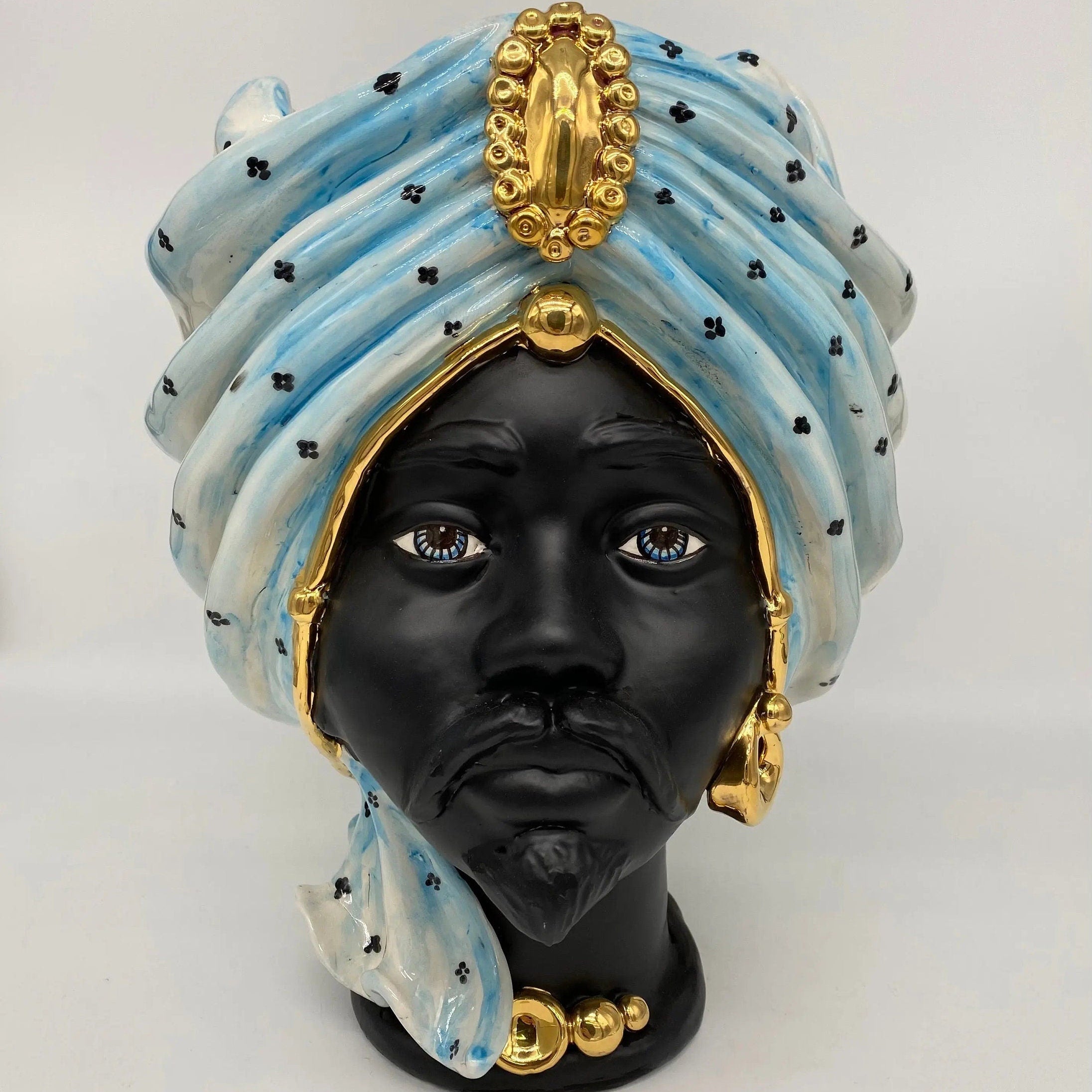 Teste di Moro Atena Ceramica Caltagirone cm H.30 L.23 Artigianale Celeste Pois Nero Oro DD CERAMICHE SICILIANE