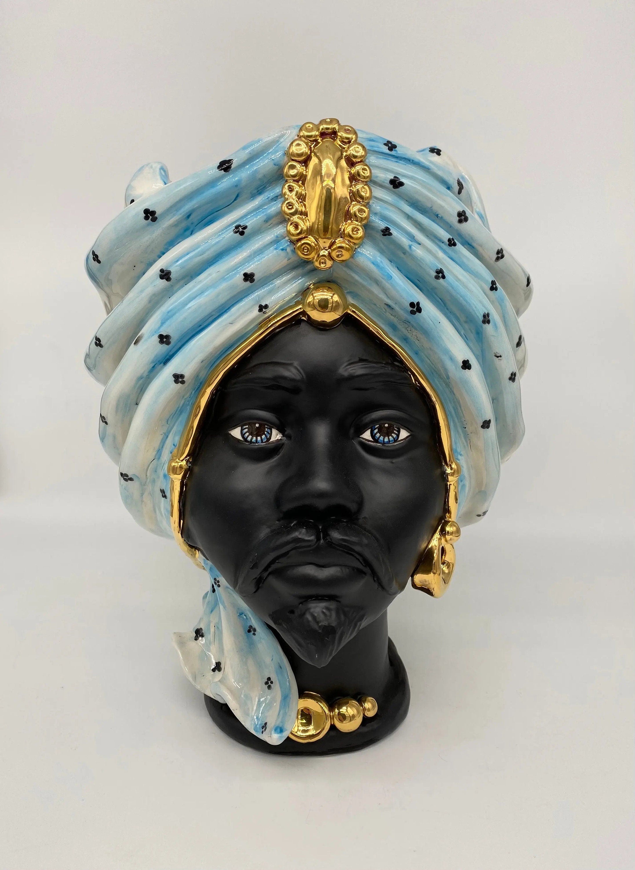 Teste di Moro Atena Ceramica Caltagirone cm H.30 L.23 Artigianale Celeste Pois Nero Oro DD CERAMICHE SICILIANE