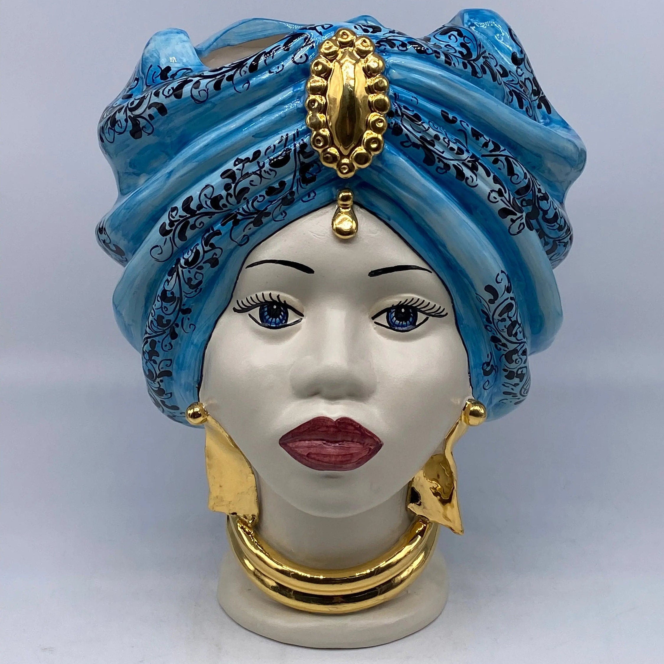 Teste di Moro Atena Ceramica Caltagirone cm H.30 L.23 Artigianale Opaco Celeste Barocco Oro DD CERAMICHE SICILIANE
