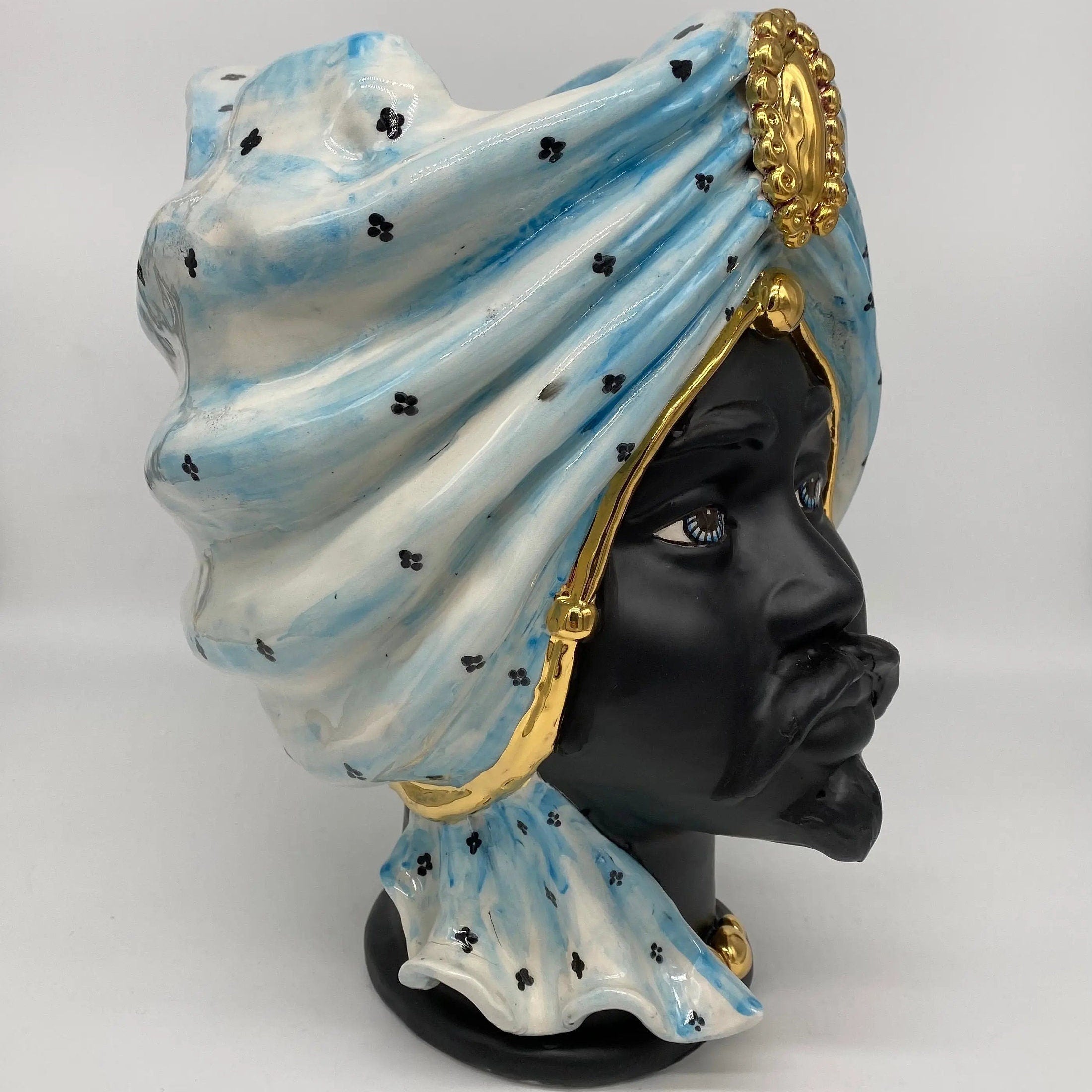 Teste di Moro Atena Ceramica Caltagirone cm H.30 L.23 Artigianale Celeste Pois Nero Oro DD CERAMICHE SICILIANE