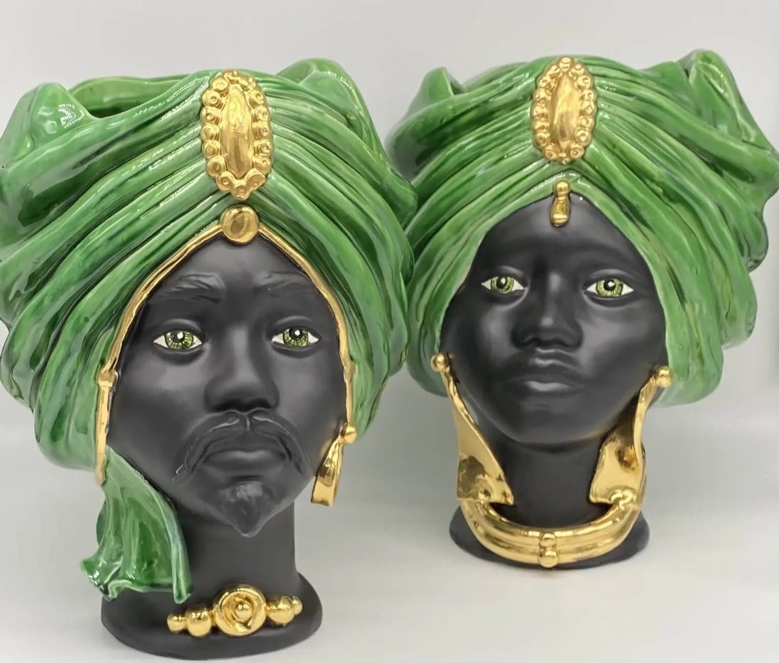 Teste di Moro Atena Ceramica Caltagirone cm H.30 L.23 Artigianale Verde Cristallo Nero Oro - DD CERAMICHE SICILIANE