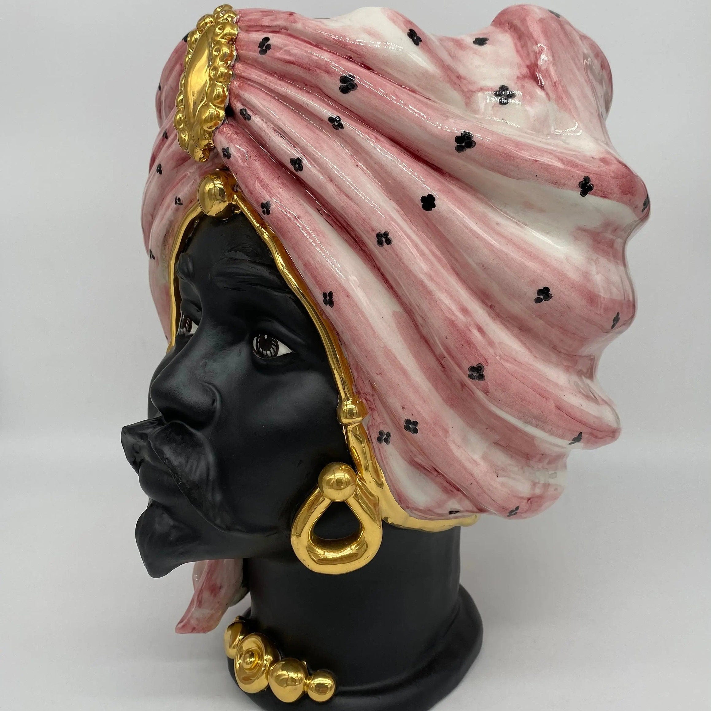 Teste di Moro Atena Ceramica Caltagirone cm H.30 L.23 Artigianale Rosa Pois Nero Oro DD CERAMICHE SICILIANE