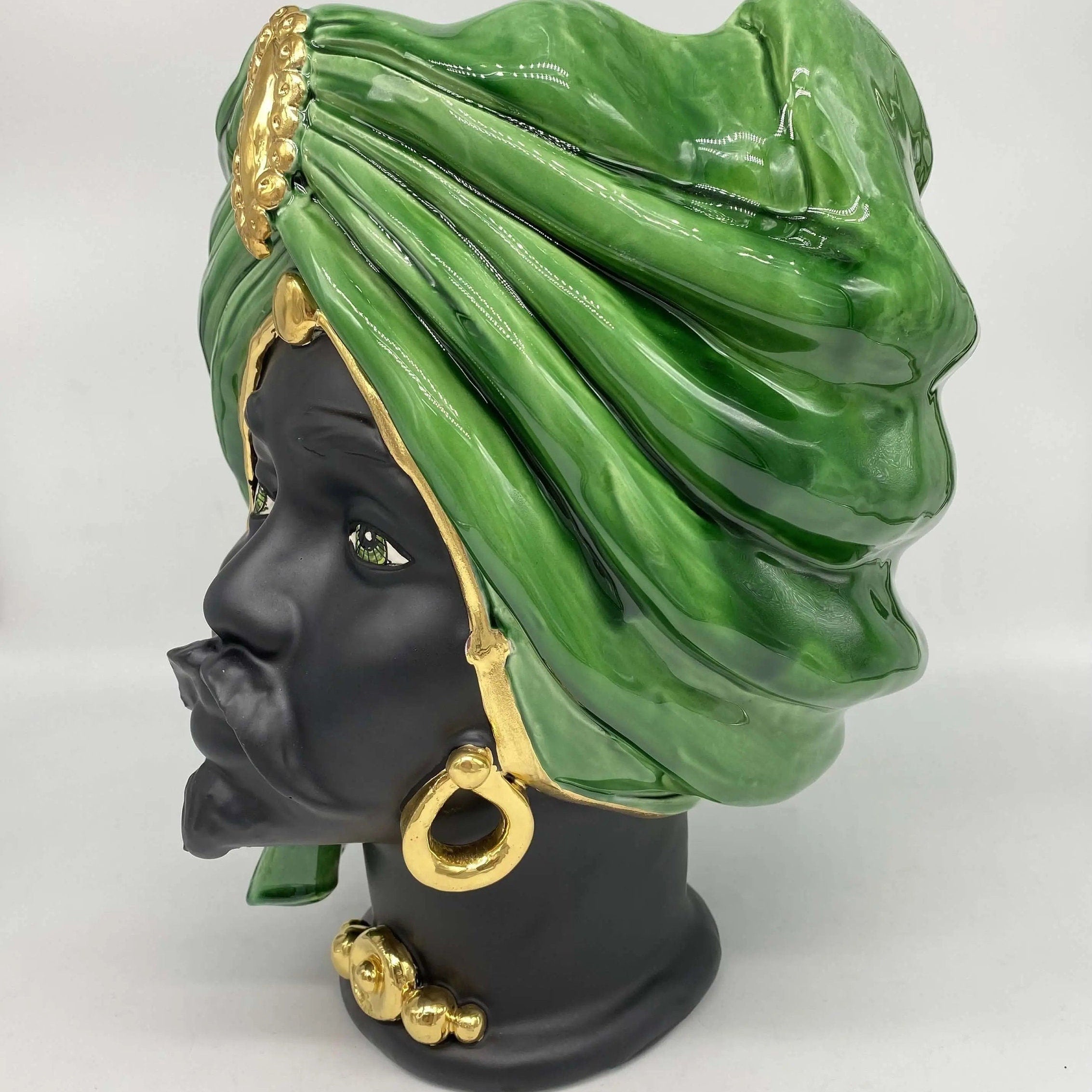 Teste di Moro Atena Ceramica Caltagirone cm H.30 L.23 Artigianale Verde Cristallo Nero Oro DD CERAMICHE SICILIANE