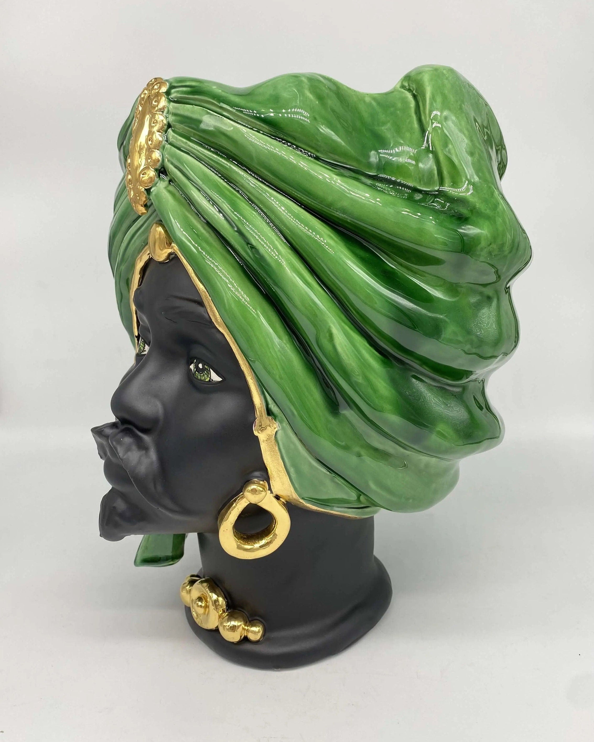 Teste di Moro Atena Ceramica Caltagirone cm H.30 L.23 Artigianale Verde Cristallo Nero Oro DD CERAMICHE SICILIANE