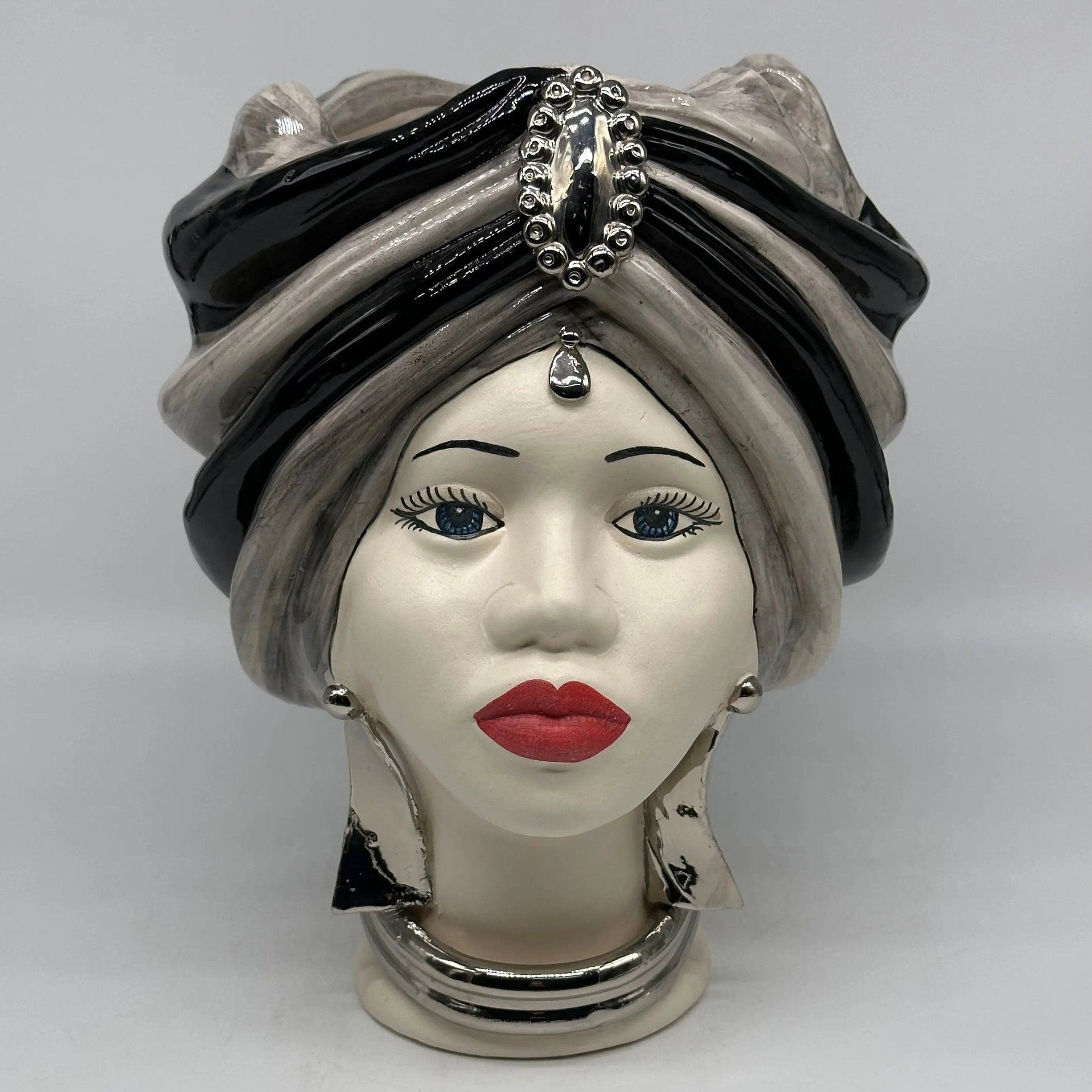 Teste di Moro Atena Ceramica Caltagirone cm H.30 L.23 Artigianale Grigio Nero Platino v.2 DD CERAMICHE SICILIANE