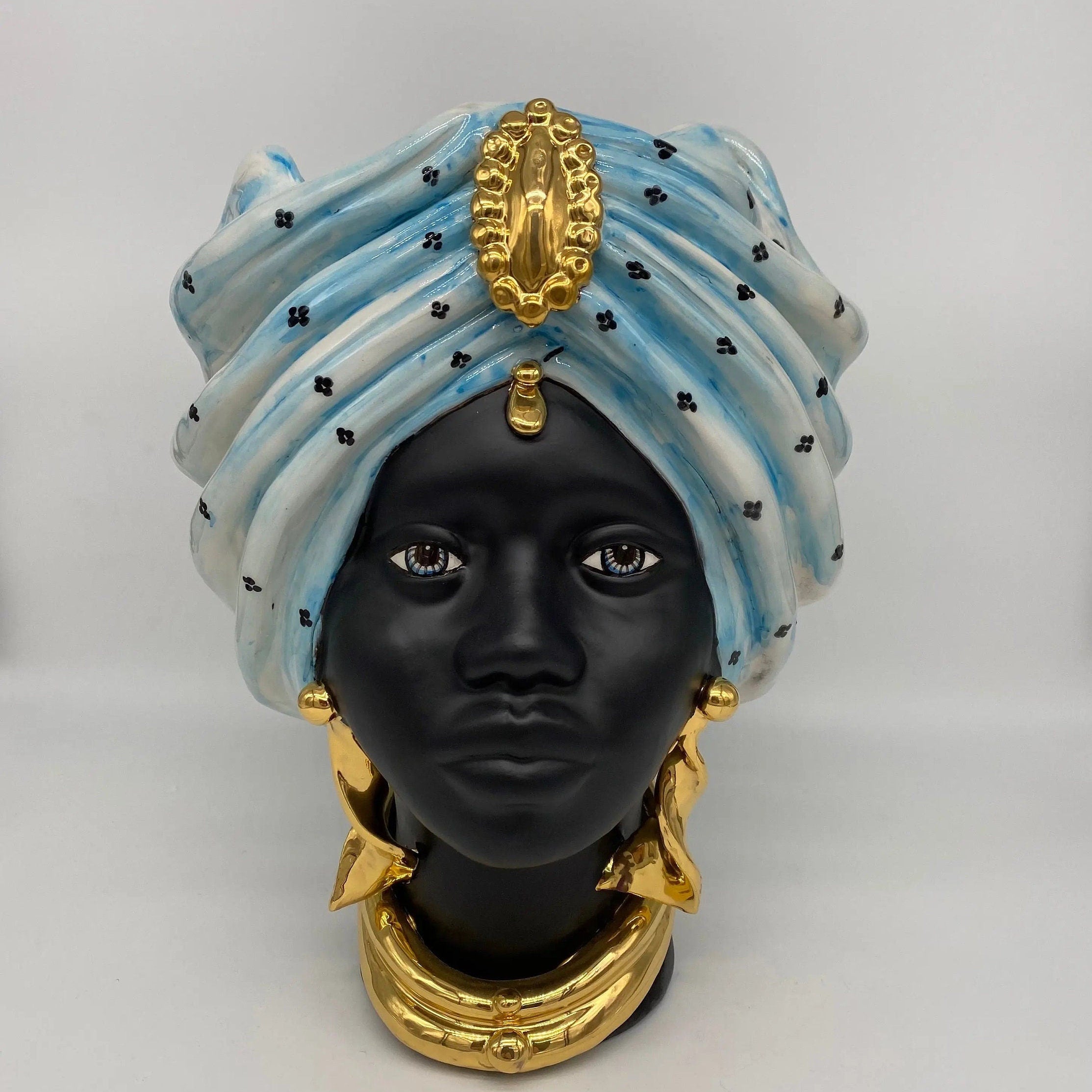 Teste di Moro Atena Ceramica Caltagirone cm H.30 L.23 Artigianale Celeste Pois Nero Oro DD CERAMICHE SICILIANE