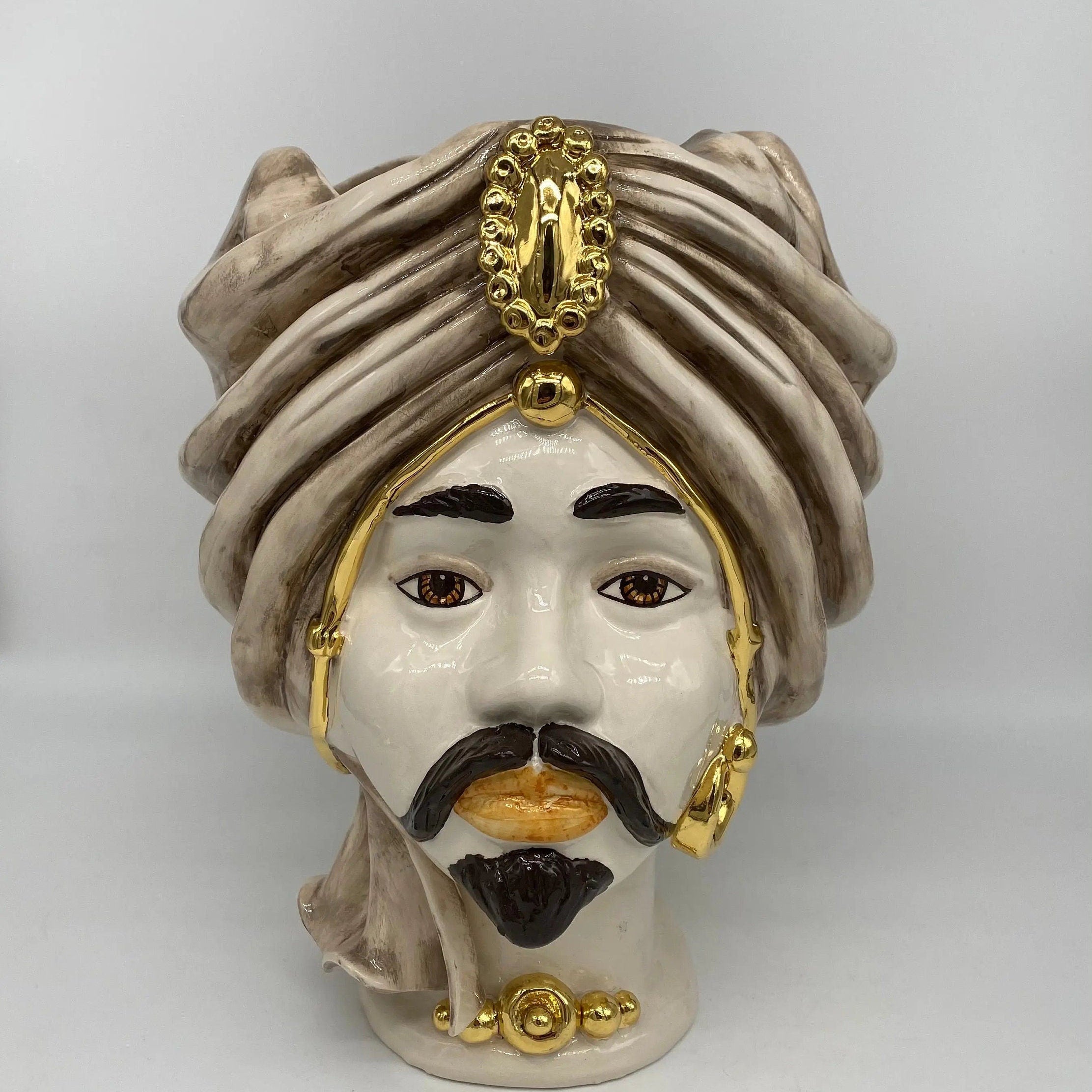 Teste di Moro Atena Ceramica Caltagirone cm H.30 L.23 Artigianale Écru Beige Oro DD CERAMICHE SICILIANE