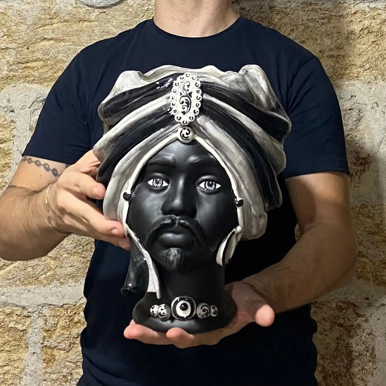 Teste di Moro Atena Ceramica Caltagirone cm H.30 L.23 Artigianale Grigio Nero DD CERAMICHE SICILIANE