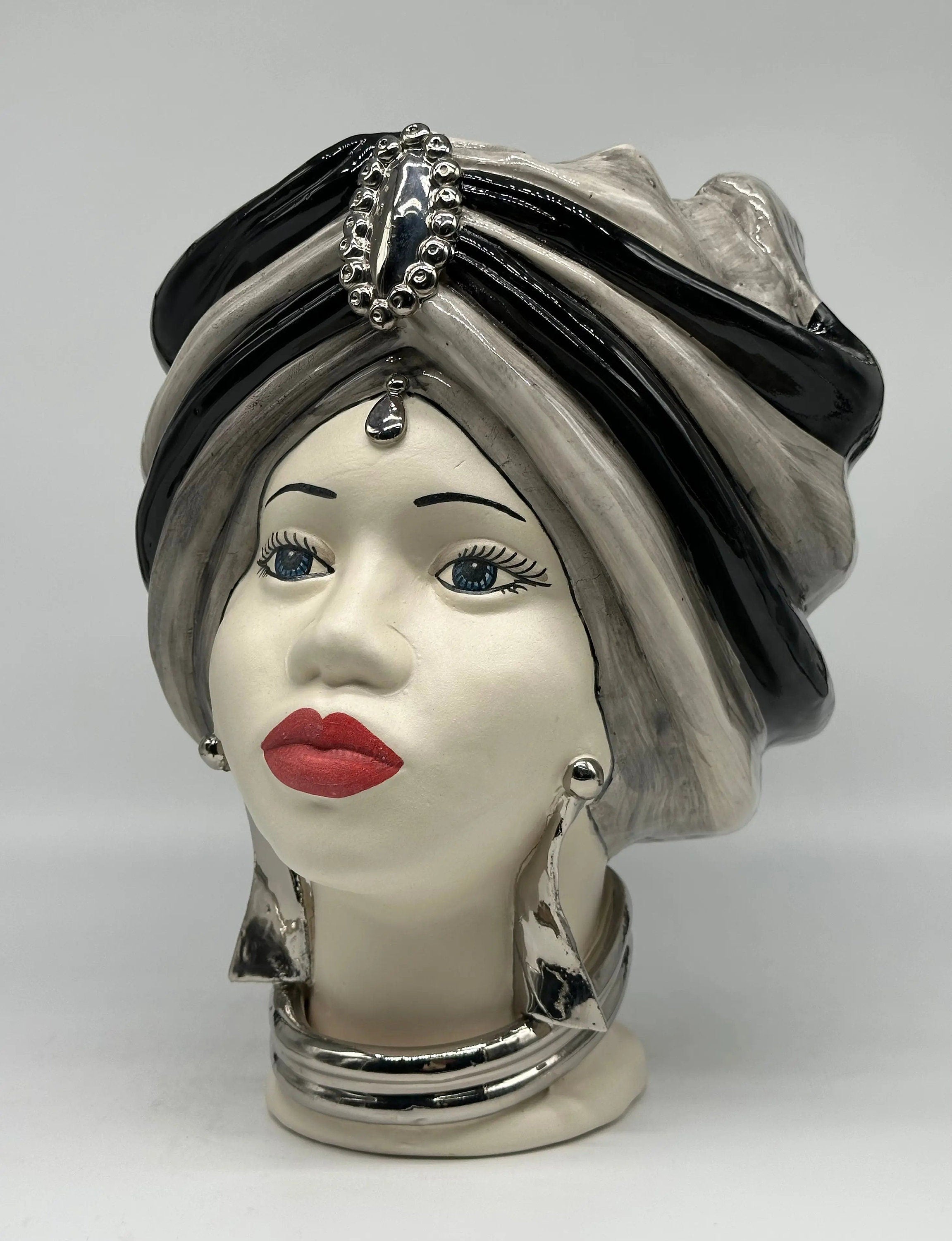 Teste di Moro Atena Ceramica Caltagirone cm H.30 L.23 Artigianale Grigio Nero Platino v.2 DD CERAMICHE SICILIANE