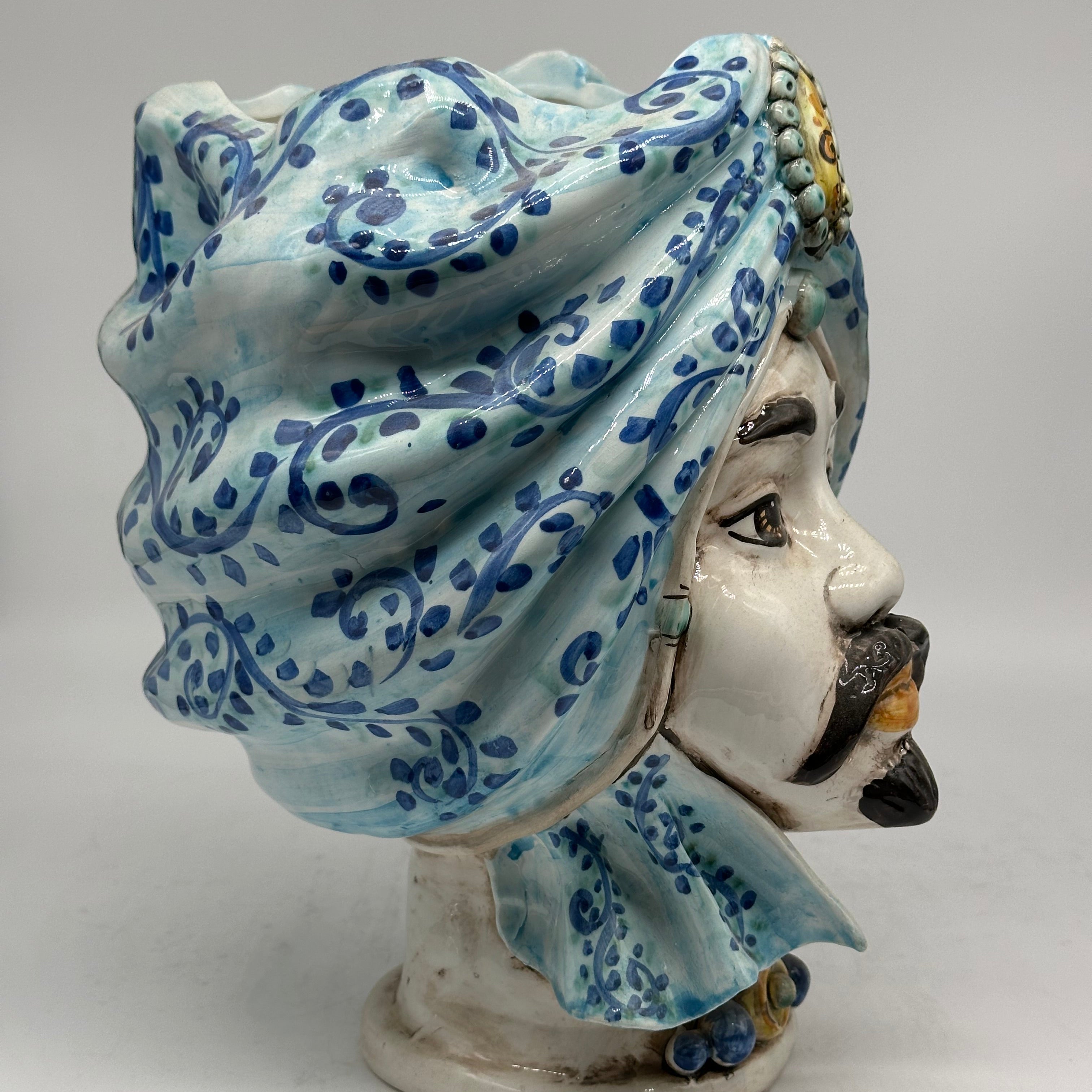 Teste di Moro Atena Ceramica Caltagirone cm H.30 L.23 Artigianale Celeste Barocco - TESTA DI MORO